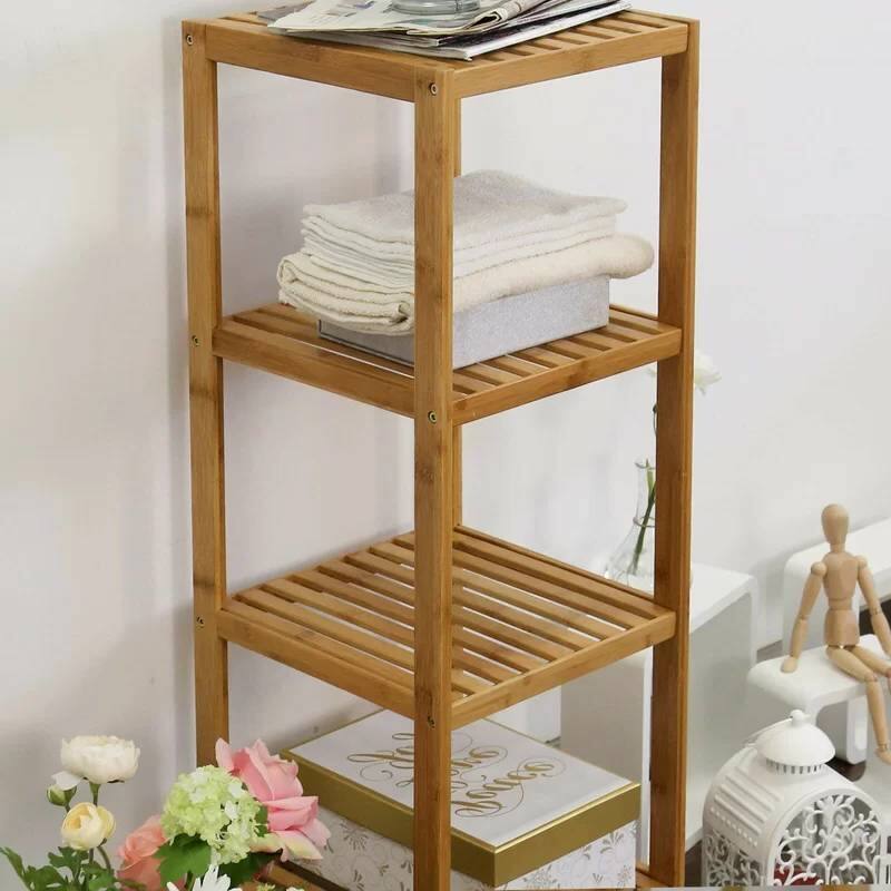 Angle. Hivvago - Solid Wood 4-Tier Bathroom Storage Shelving Unit - Natural.