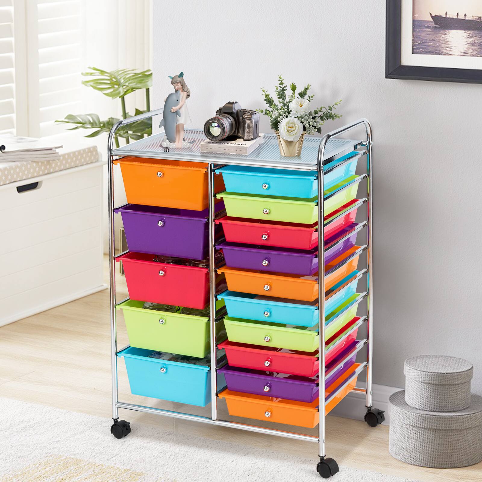 Alt View 1. Ecooso - 15-Drawer Rolling Storage Cart Organizer, Utility Drawer Unit for Craft Supplies, Classroom and Office Storage - Multicolor.