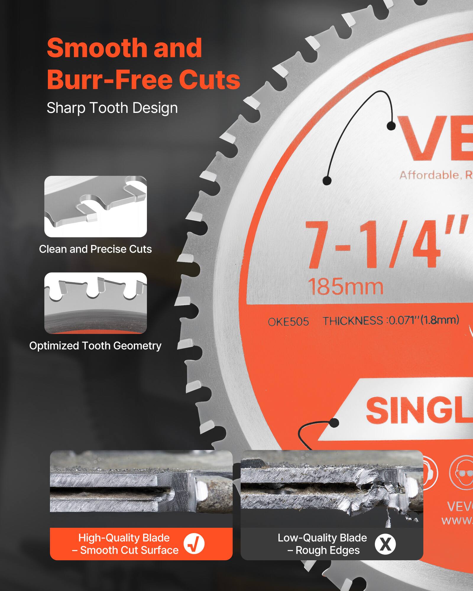 Smooth and Burr-Free Cuts  
Sharp Tooth Design  

Clean and Precise Cuts  
Optimized Tooth Geometry  

High-Quality Blade  
- Smooth Cut Surface  

Low-Quality Blade  
- Rough Edges  

7-1/4"  
185mm  
OKE505  
THICKNESS: 0.071" (1.8mm)  

Affordable, R  
SINGL  
VEV  
www