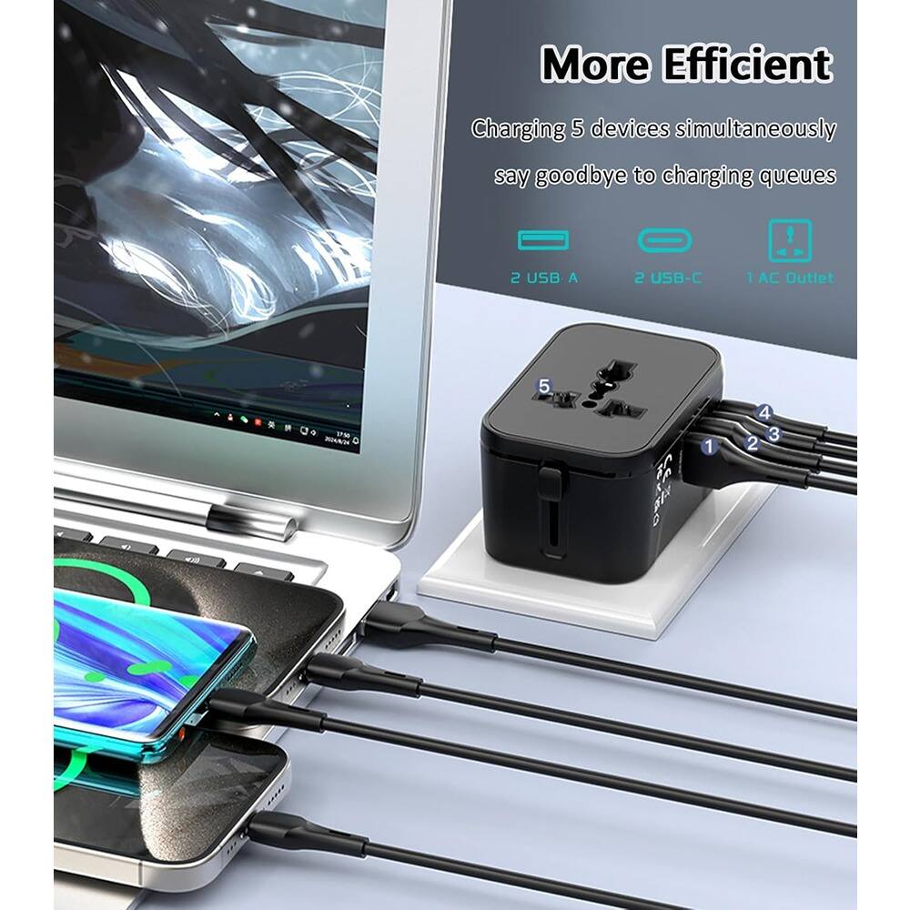 More Efficient  
Charging 5 devices simultaneously  
say goodbye to charging queues  

2 USB A  
2 USB-C  
1 AC Outlet  

5  
4  
3  
2  
1