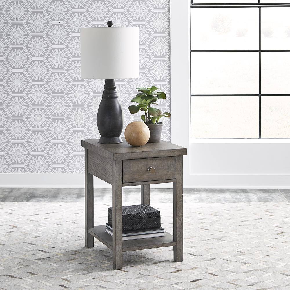 Left. Liberty Furniture Industries - Modern Farmhouse Drawer Chair Side Table in Dusty Charcoal w/ Heavy Distressing - Gray.