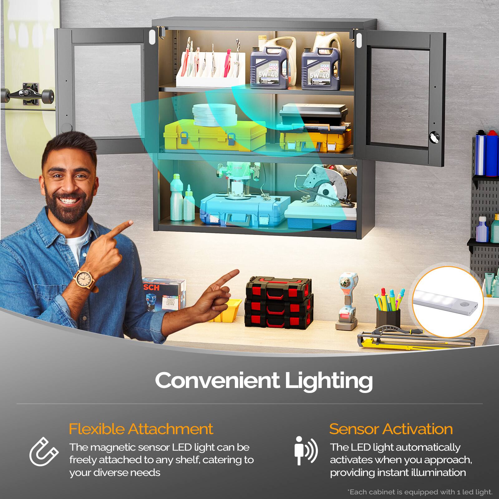 COR SW-40 A ... SW-40 SCH CL

Convenient Lighting

Flexible Attachment
The magnetic sensor LED light can be freely attached to any shelf, catering to your diverse needs

Sensor Activation
The LED light automatically activates when you approach, providing instant illumination

Each cabinet is equipped with 1 LED light.