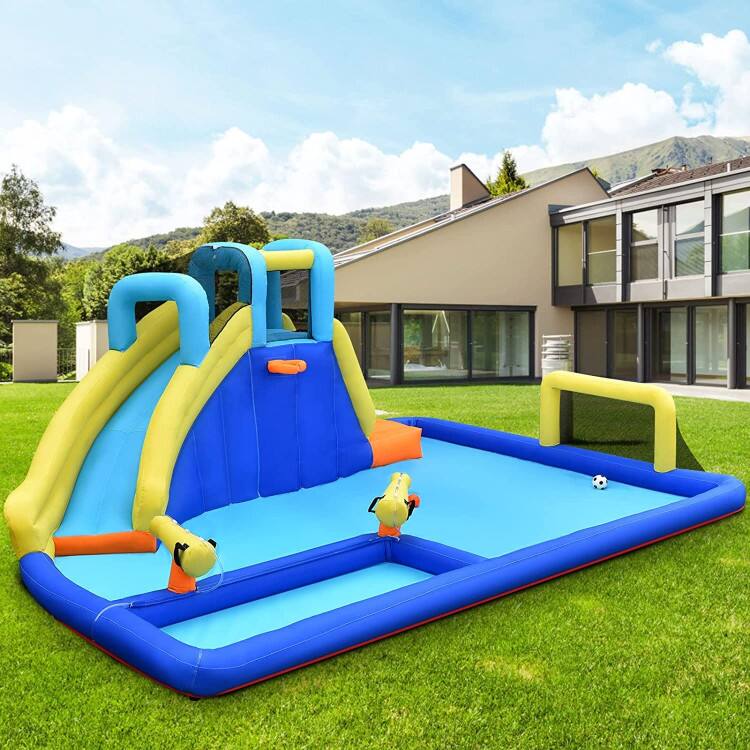 Angle. SlickBlue - Outdoor 6-in-1 Inflatable Water Slides for Kids with Blower - Blue, Yellow.