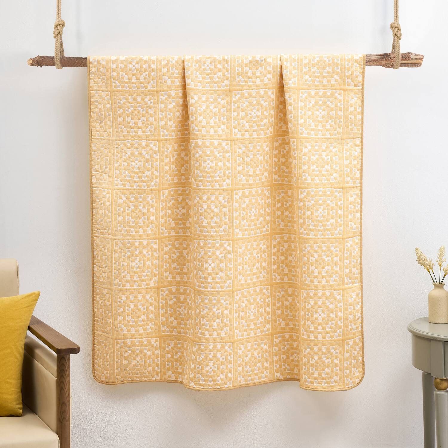 Back. Greenland Home Fashions - Greenland Home Fashion Granny Squares 100% Polyester Reversible Accessory Throw Blanket 50" x 60" Gold - Gold.