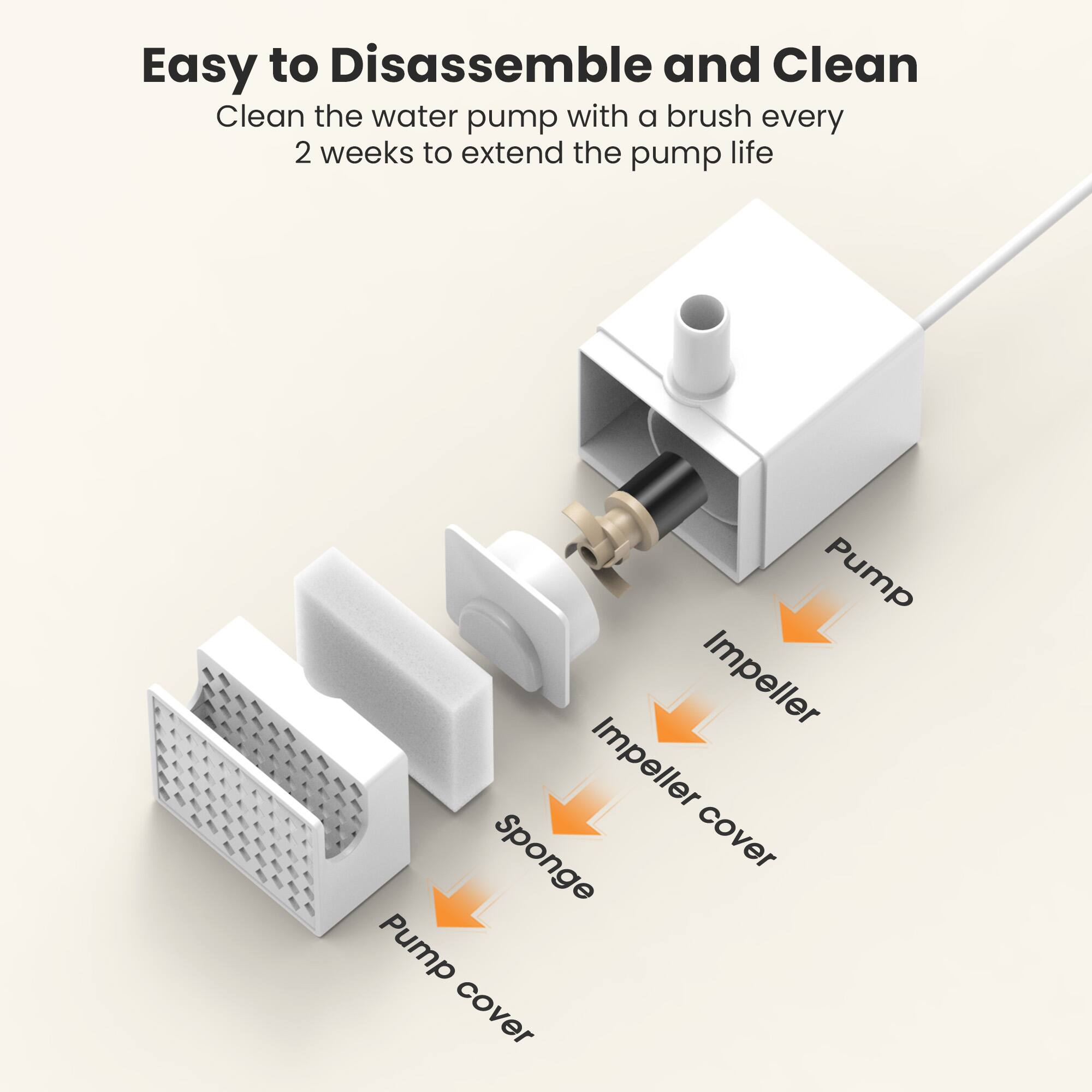 Easy to Disassemble and Clean  
Clean the water pump with a brush every 2 weeks to extend the pump life  

- Pump  
- Impeller  
- Impeller cover  
- Sponge  
- Pump cover