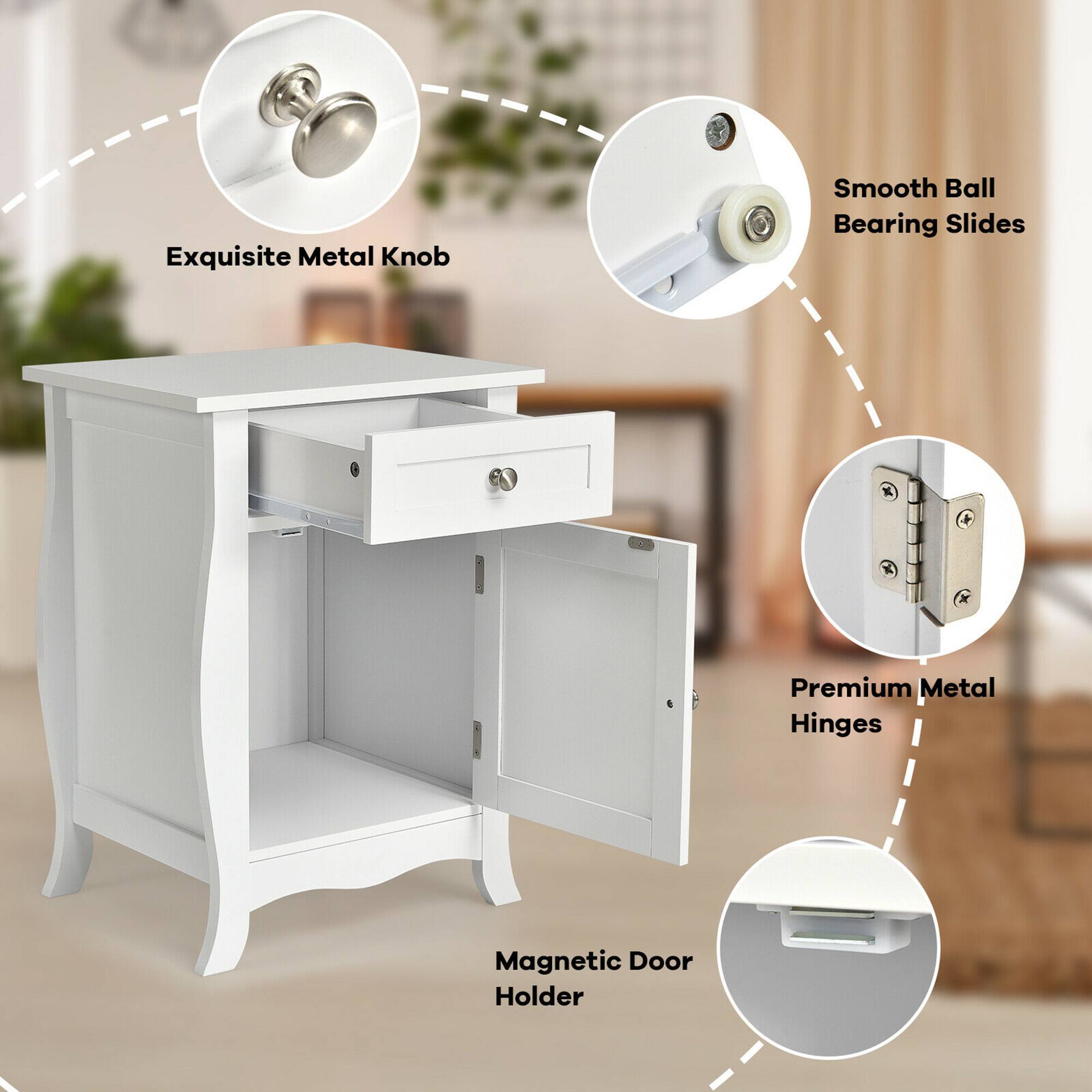 The text on the image is grouped as follows:

1. Exquisite Metal Knob: This refers to the high-quality metal knob used for the drawer.
2. Smooth Ball Bearing Slides: This feature provides smooth and easy drawer movement.
3. Premium Metal Hinges: These hinges are made of high-quality metal and ensure the drawer opens and closes smoothly.
4. Magnetic Door Holder: This feature allows for easy access to the drawer without the need for a handle.

The text on the image is correct, and the grouped text accurately describes the various features of the white desk.