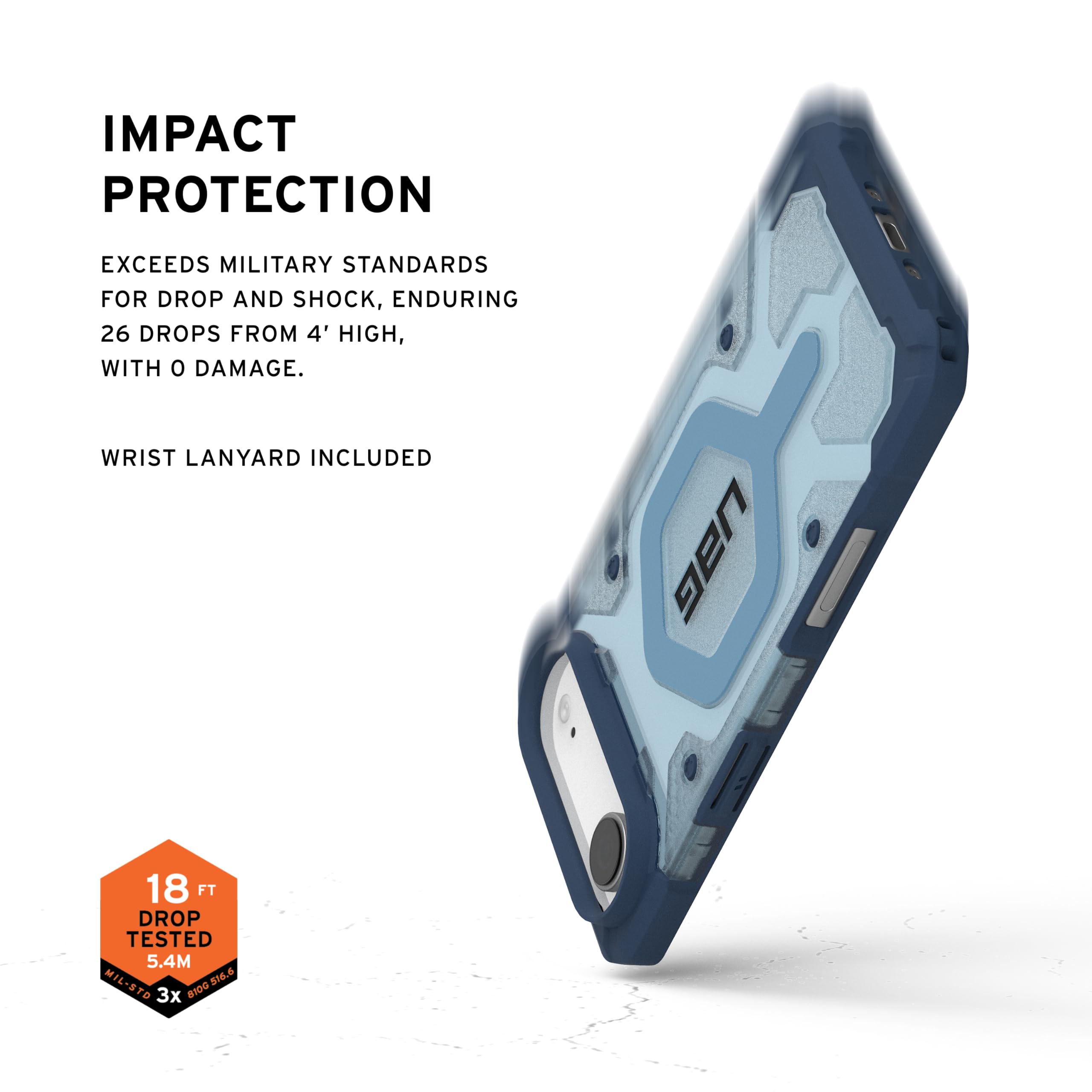 IMPACT PROTECTION

EXCEEDS MILITARY STANDARDS FOR DROP AND SHOCK, ENDURING 26 DROPS FROM 4' HIGH, WITH 0 DAMAGE.

WRIST LANYARD INCLUDED

18 FT DROP TESTED 5.4M

MIL-STD 810.6

3x