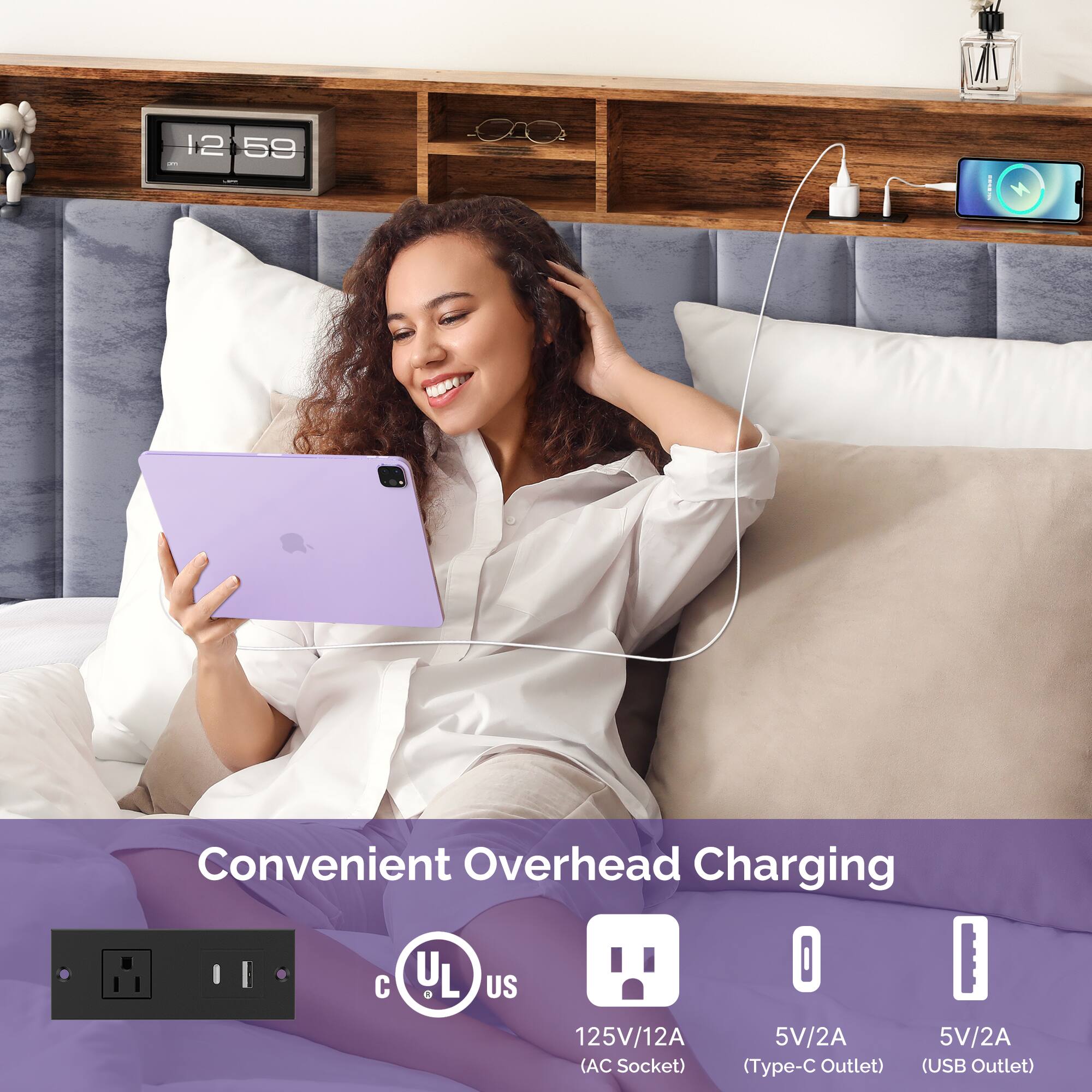 Convenient Overhead Charging

125V/12A (AC Socket)  
5V/2A (Type-C Outlet)  
5V/2A (USB Outlet)  

UL US  
c