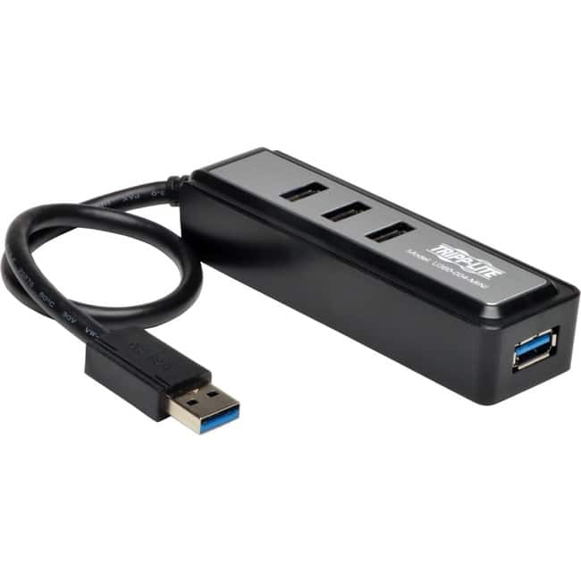 Tripp Lite - by Eaton Portable 4-Port USB 3.0 Superspeed Mini Hub w/ Built In Cable - USB - External - 4 USB 3.0 Port(s) - Black,Silver