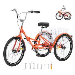 VEVOR - Folding Adult Tricycle, 24-Inch Adult Folding Trikes, Lightweight Aluminum Alloy 3 Wheel Cruiser Bike - Orange