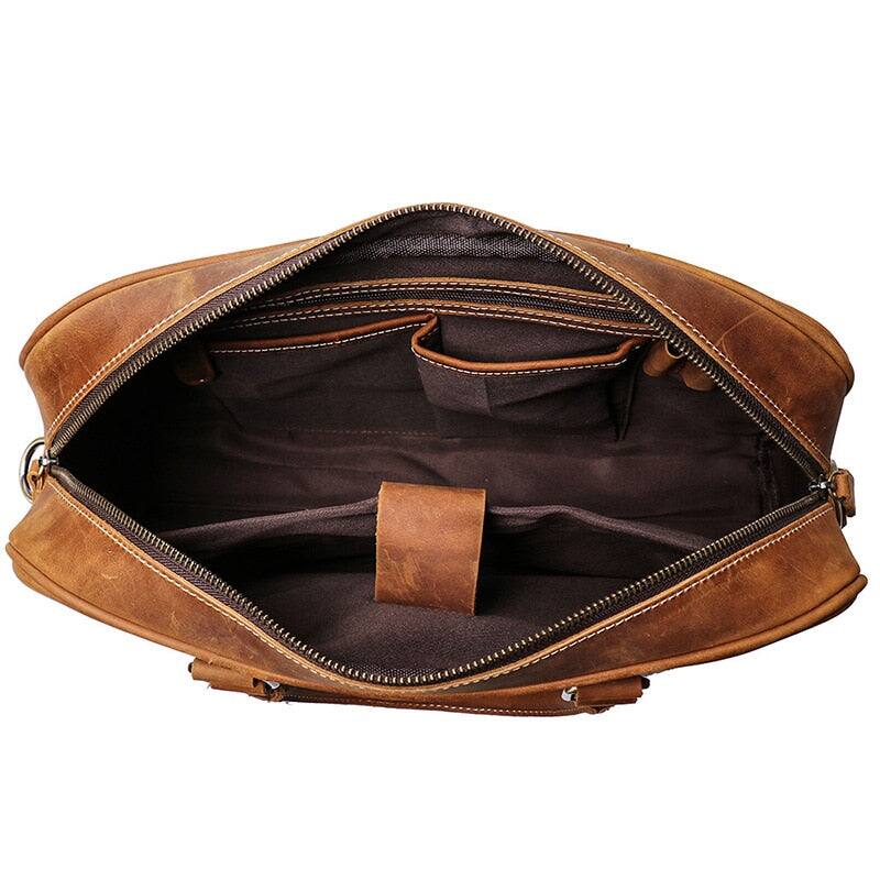 Left. Steel Horse Leather - The Bjorn Leather Laptop Bag | Vintage Leather Briefcase - Brown.