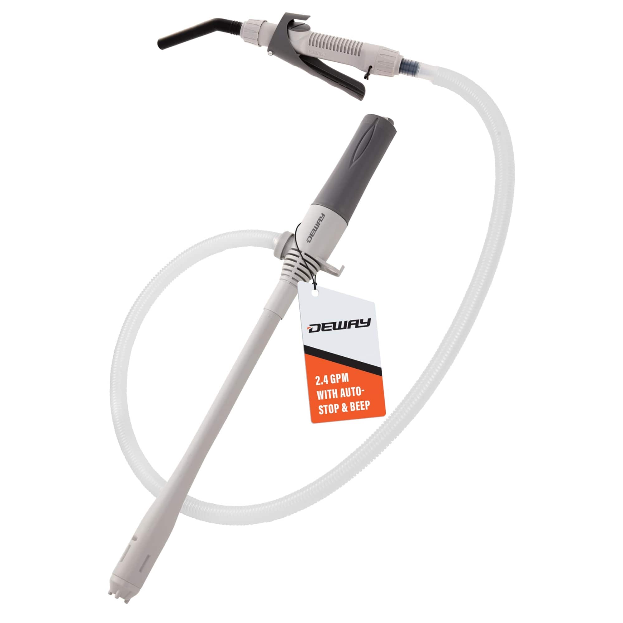 Deway - Automatic Small 15" Fuel Transfer Pump W/Nozzle for Control & Stop, D Battery Powered, 2.4 GPM - Grey