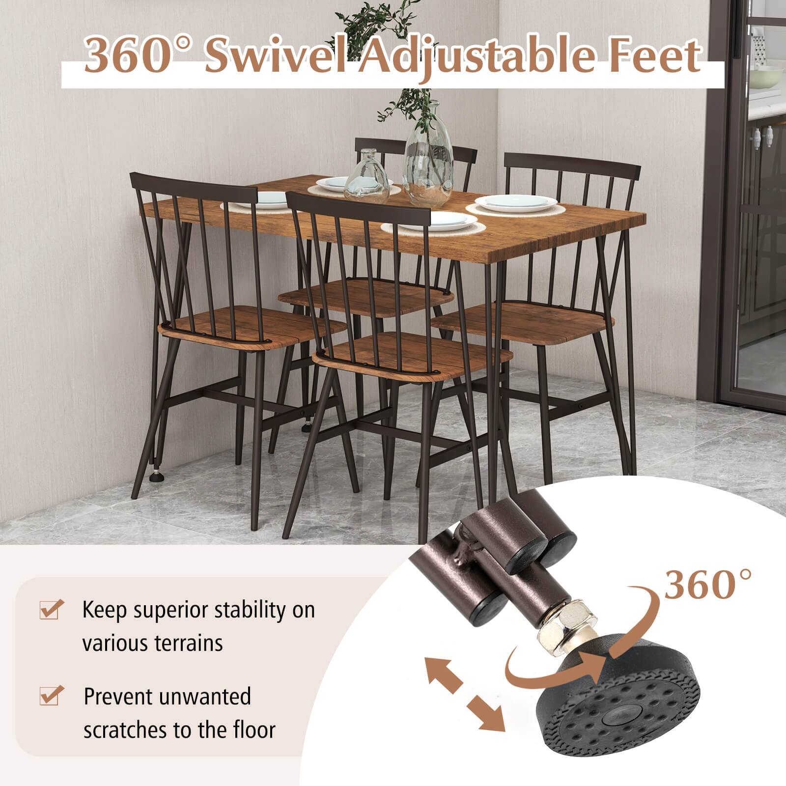 The text on the image reads: "360 Swivel Adjustable Feet Keep superior stability on various terrains 360 Prevent unwanted scratches to the floor."