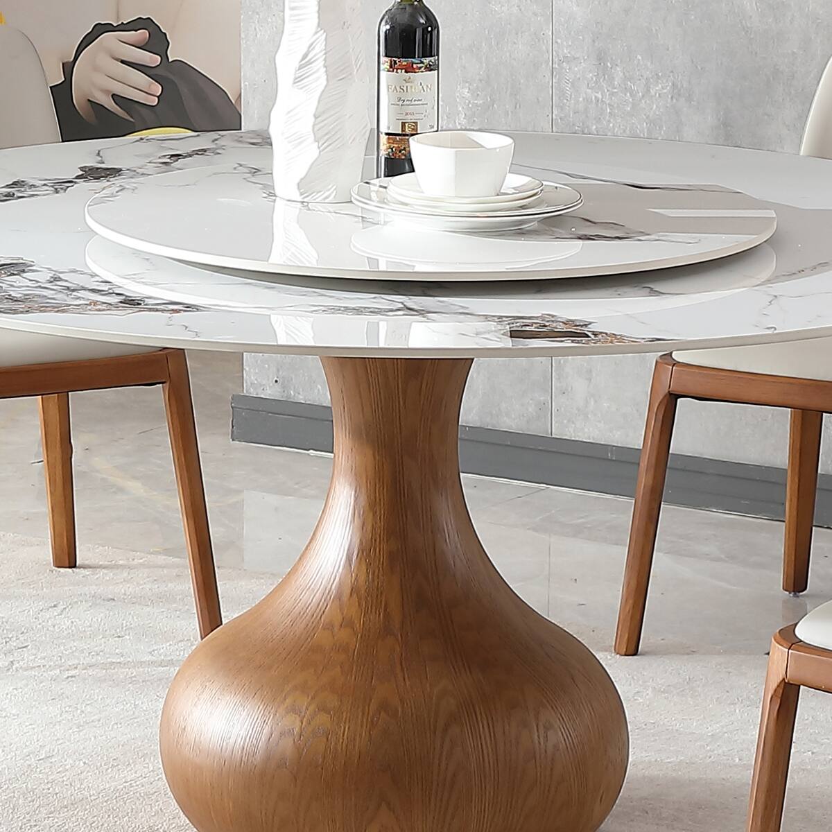 Back. Loheer - Loheer Modern Marble Dining Table, 59-Inch Round Sintered Stone Table With Lazy Susan - Walnut and White.