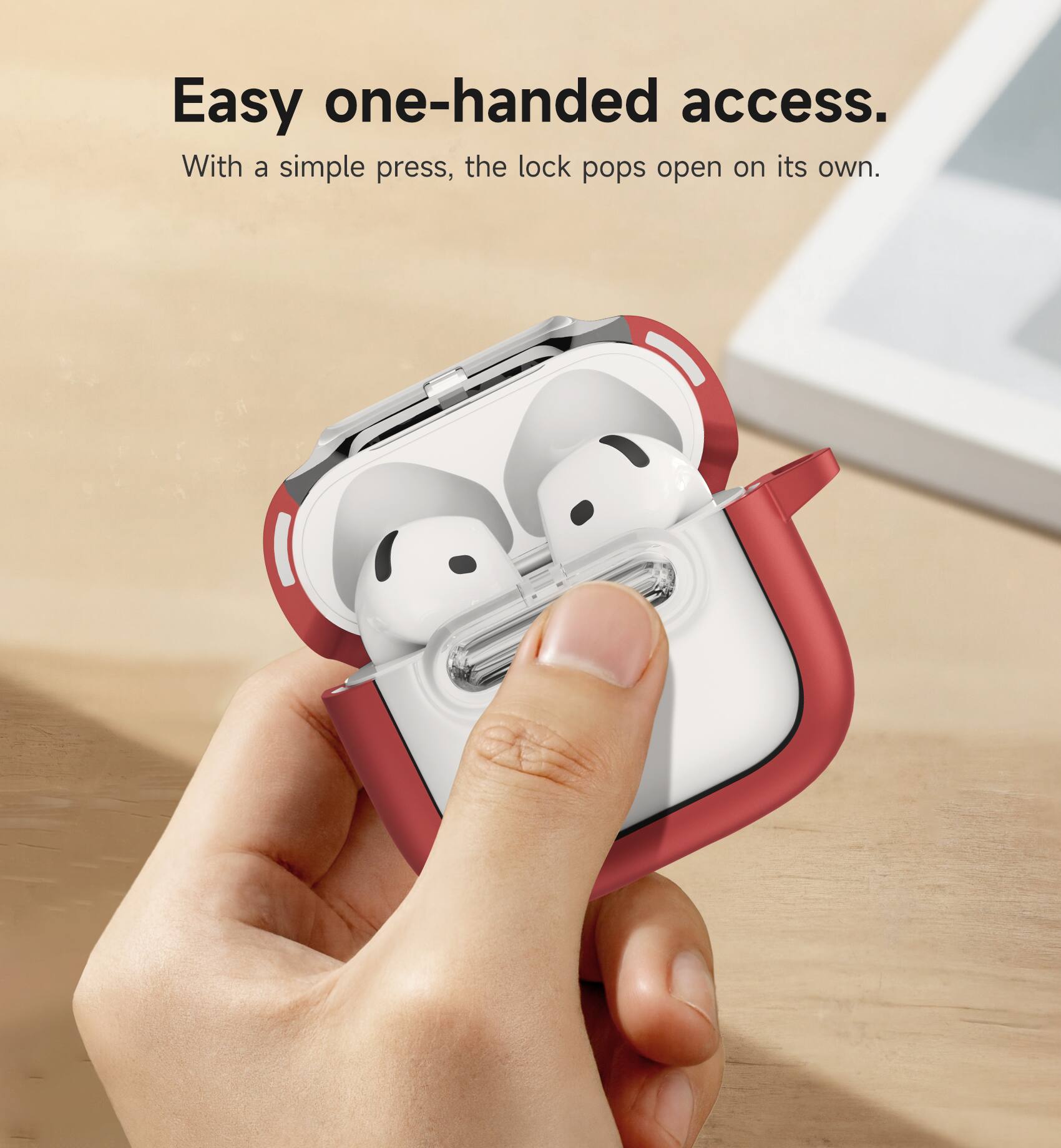 Easy one-handed access.  
With a simple press, the lock pops open on its own.