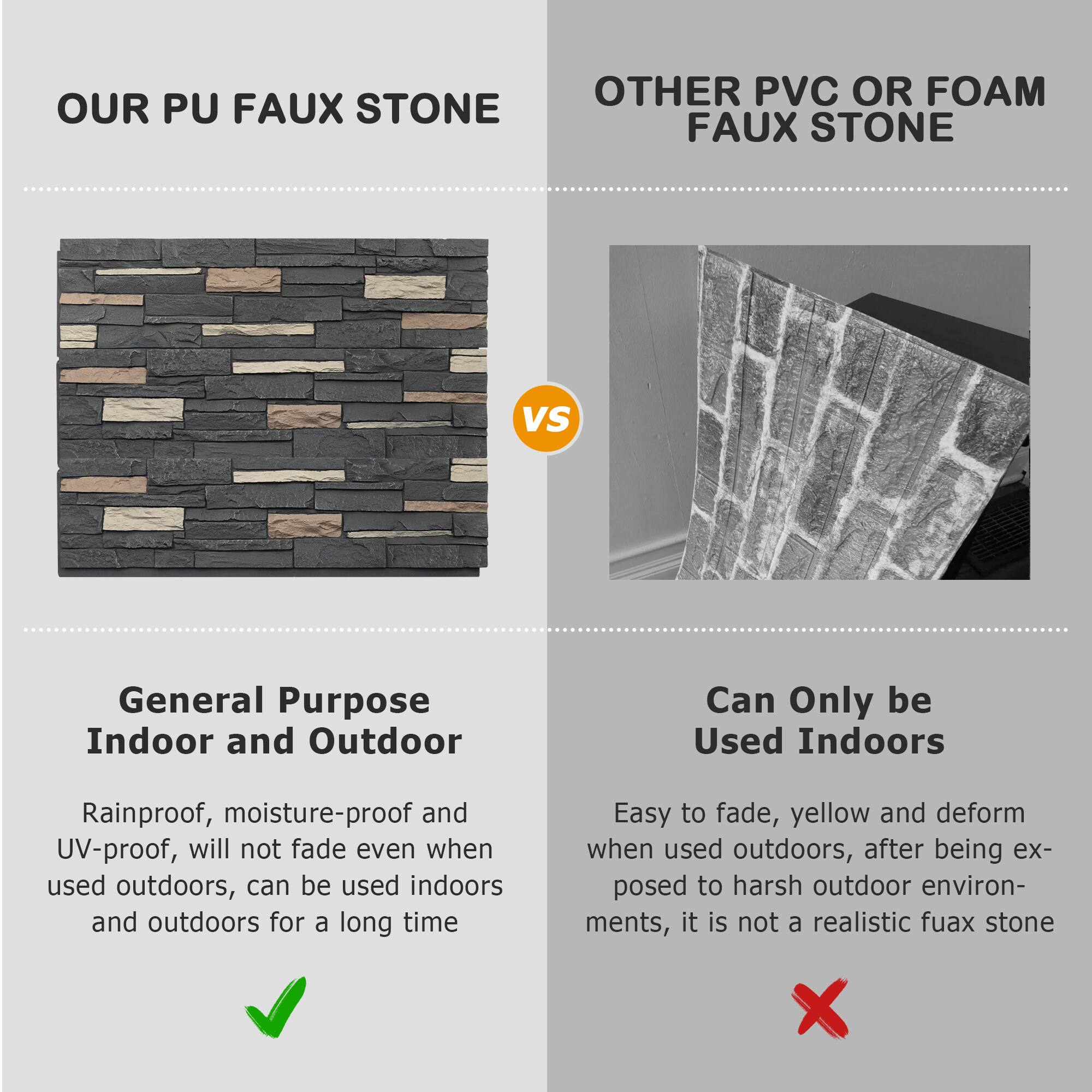 OUR PU FAUX STONE

OTHER PVC OR FOAM FAUX STONE

General Purpose Indoor and Outdoor

Rainproof, moisture-proof and UV-proof, will not fade even when used outdoors, can be used indoors and outdoors for a long time

Can Only be Used Indoors

Easy to fade, yellow and deform when used outdoors, after being exposed to harsh outdoor environments, it is not a realistic faux stone