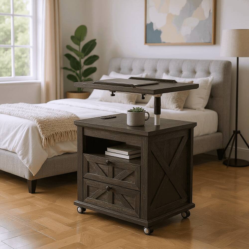 Alt View 2. Kadyn - Kadyn Lift Top Desk Cart, Mobile Rolling Table, Wood Storage Cabinet with Drawers, Height Utility Cart, Dark Wood Grain - Gray.
