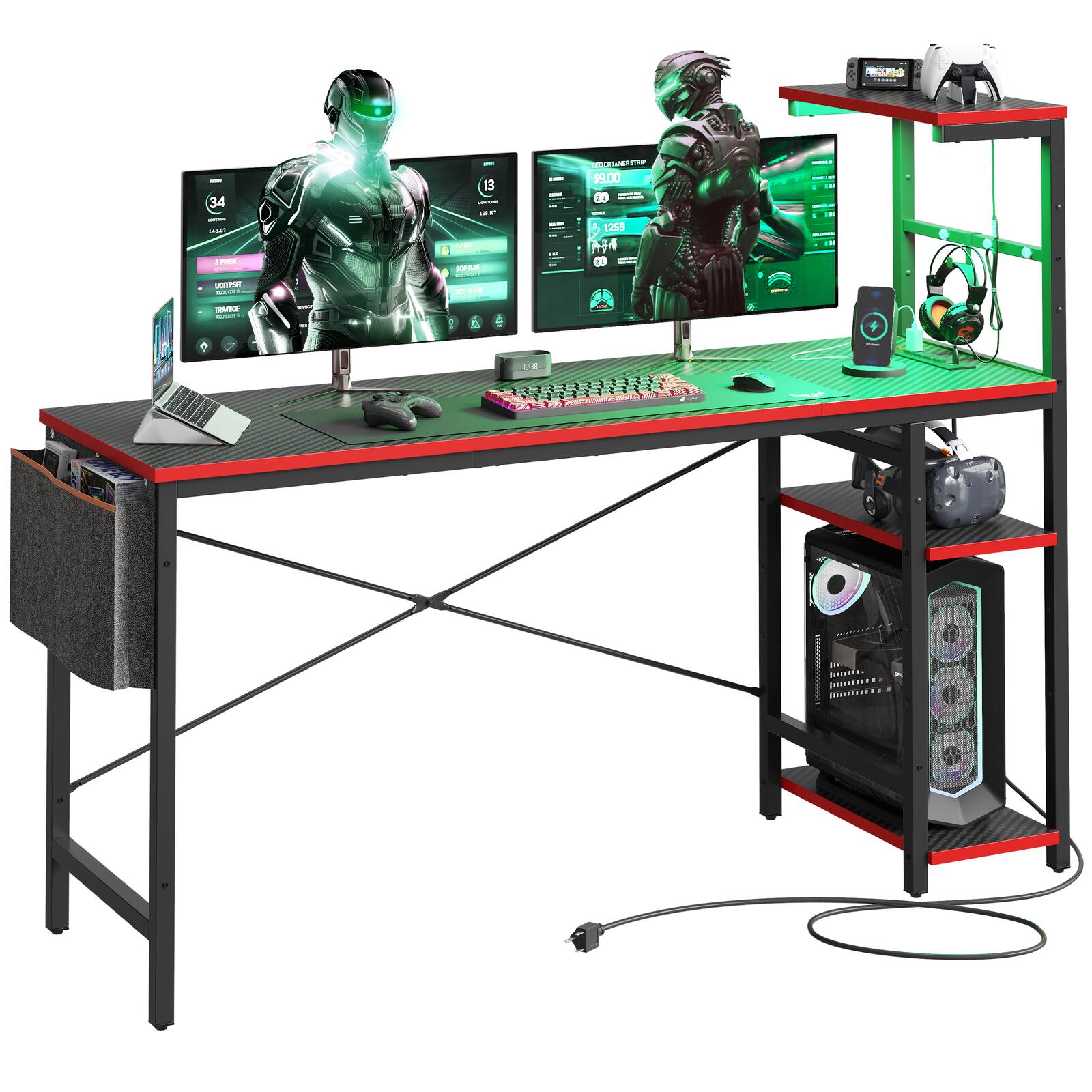 The image features a computer desk with a keyboard, mouse, and three computer monitors. There is also a laptop on the desk. The desk is black and red, and it has a shelf with a speaker and a cup. The desk is situated in a room with a chair nearby. The image is a 3D rendering of the desk setup, showcasing the various components and their arrangement.