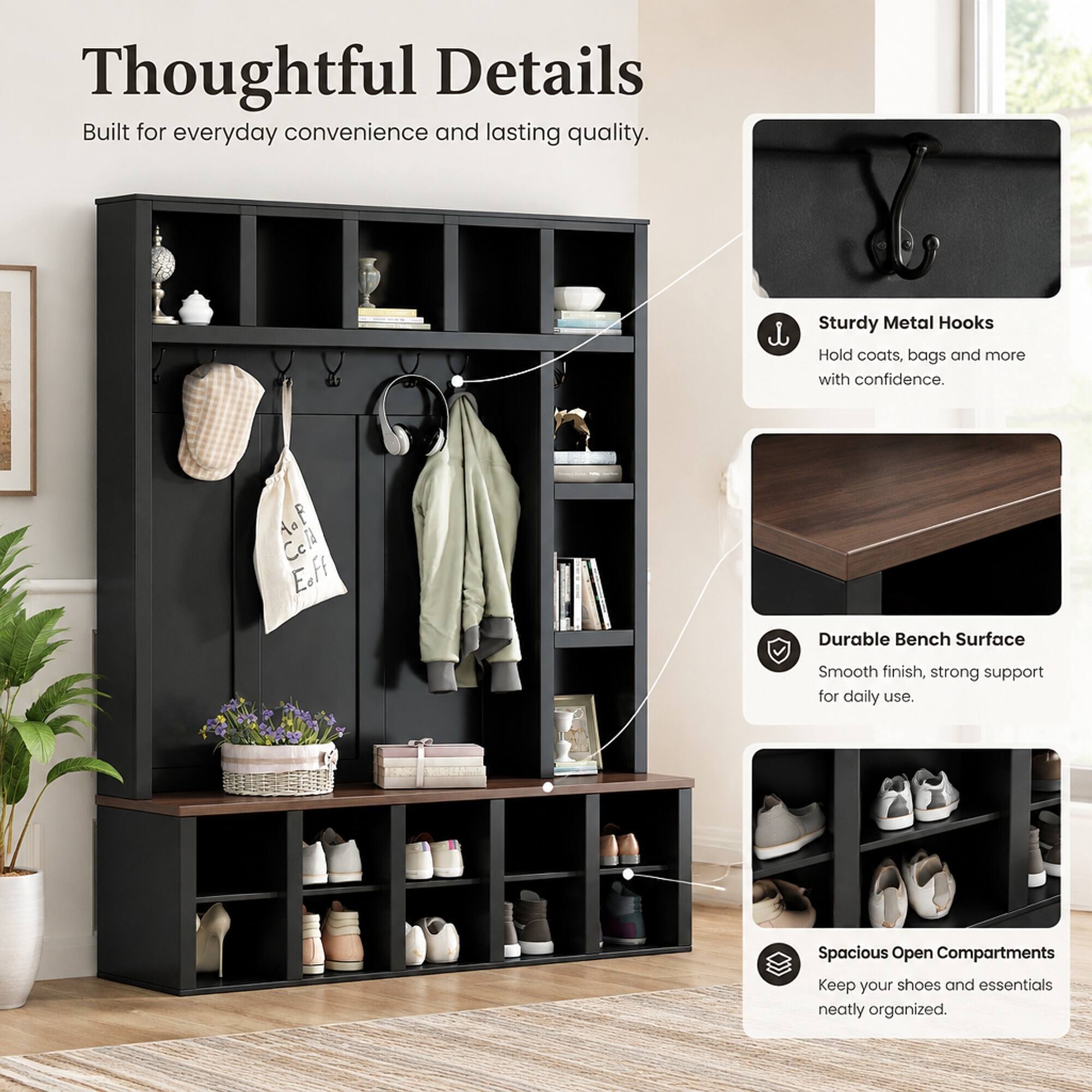RYHNUYNE 4 in 1 Hall Tree, 59.0 in Wide, Walnut Bench, Black Finish, 6 ...