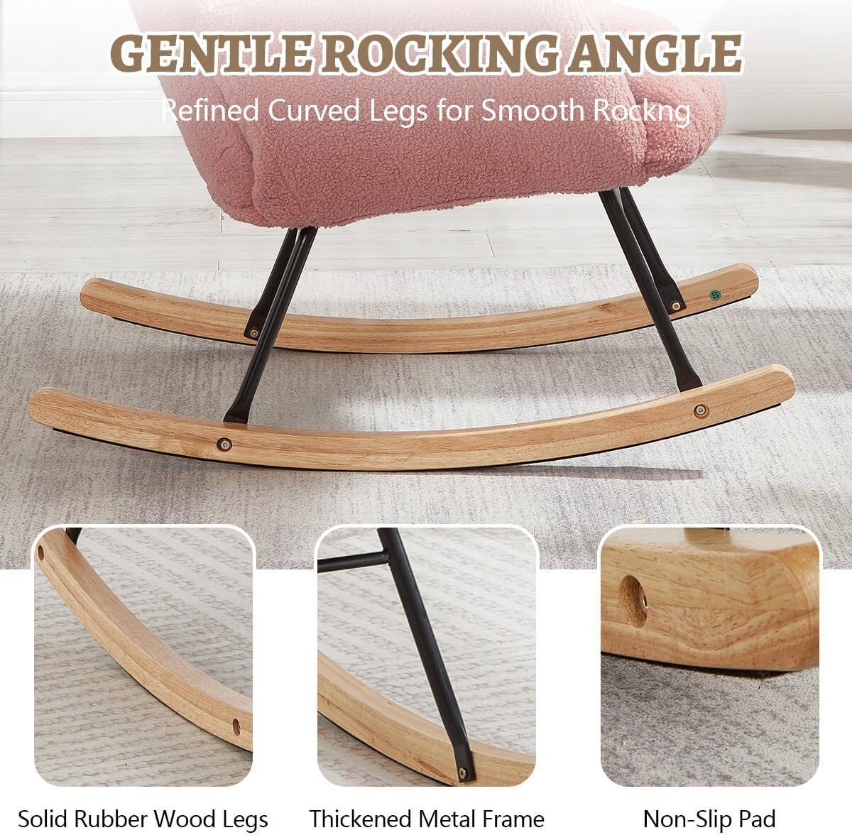 GENTLE ROCKING ANGLE  
Refined Curved Legs for Smooth Rocking  

- Solid Rubber Wood Legs  
- Thickened Metal Frame  
- Non-Slip Pad