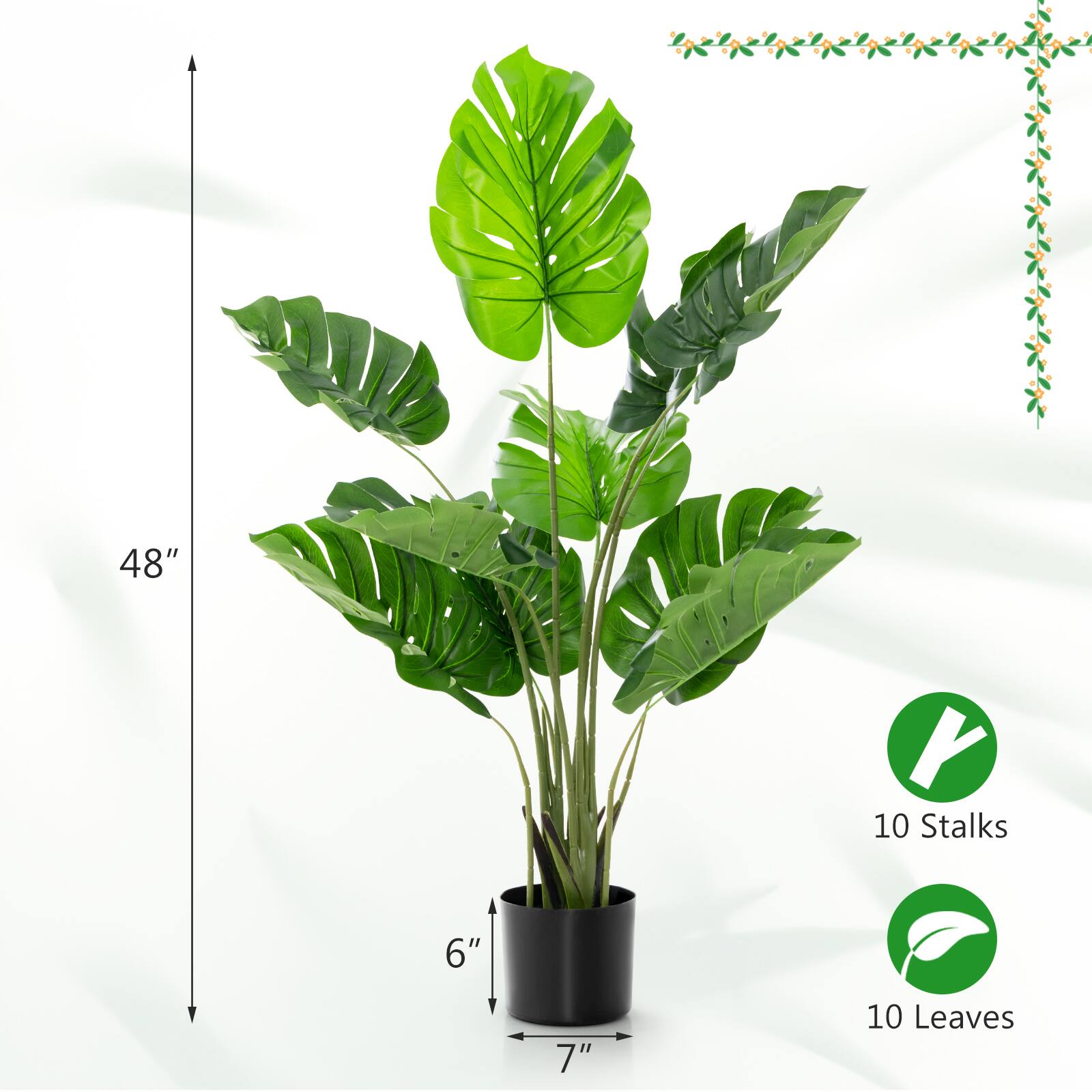 48" Y 10 Stalks 6" 7" 10 Leaves

- 48" height
- 6" pot diameter
- 7" pot depth
- 10 stalks
- 10 leaves