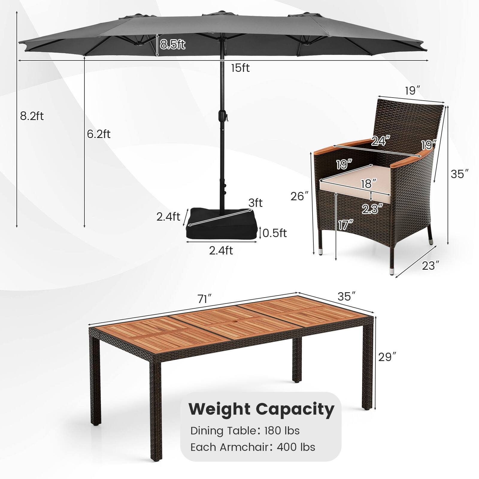8.5ft  
15ft  
8.2ft  
6.2ft  
2.4ft  
2.4ft  
3ft  
10.5ft  
26"  
19"  
18"  
23"  
17"  
35"  
71"  
29"  
Weight Capacity  
Dining Table: 180 lbs  
Each Armchair: 400 lbs