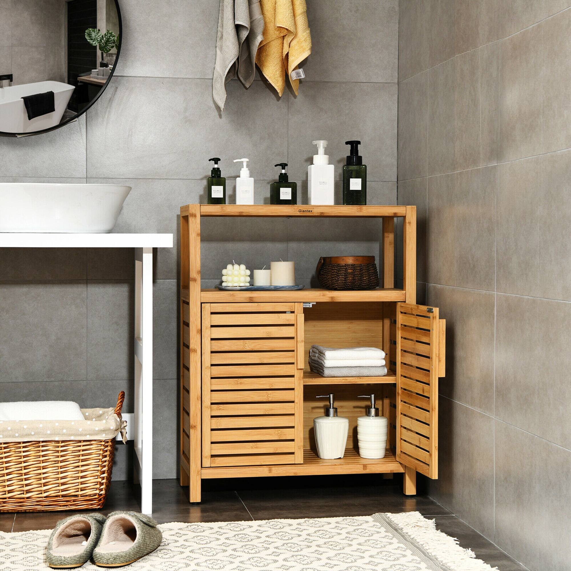 Alt View 1. Costway - Costway Two-door Bamboo Bathroom Floor Cabinet Storage Organizer w/ Open Shelf - Natural.