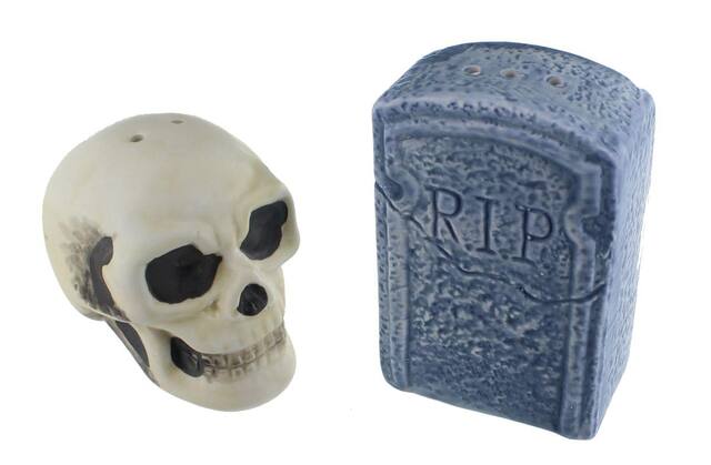 Front. Nerd Block - Graveyard Skull and Tombstone Salt and Pepper Shakers - Multicolored.