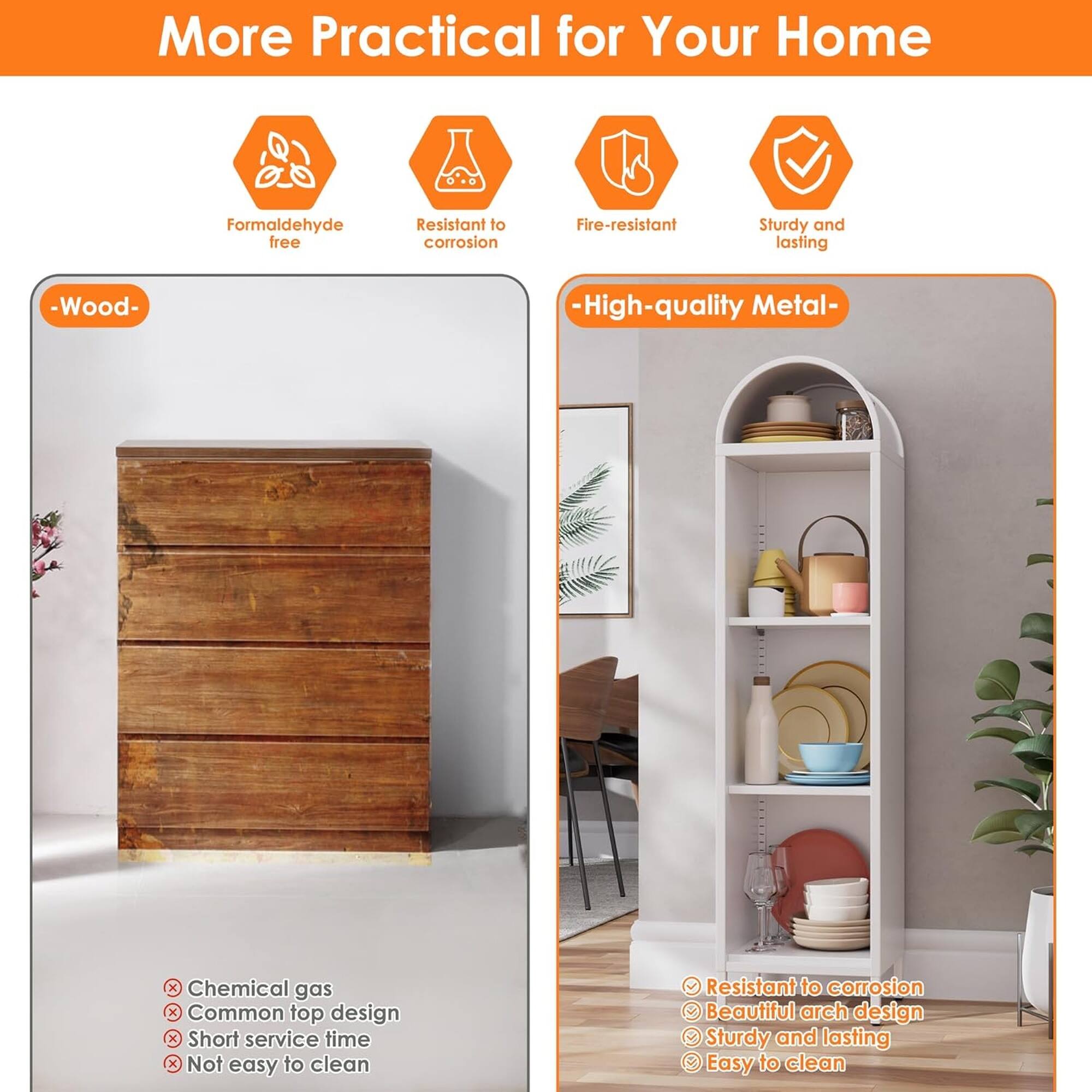 More Practical for Your Home

- Wood -
  - Formaldehyde free
  - Resistant to corrosion
  - Fire-resistant
  - Sturdy and lasting

- High-quality Metal -
  - Beautiful arch design
  - Sturdy and lasting
  - Easy to clean

- Chemical gas
- Common top design
- Short service time
- Not easy to clean