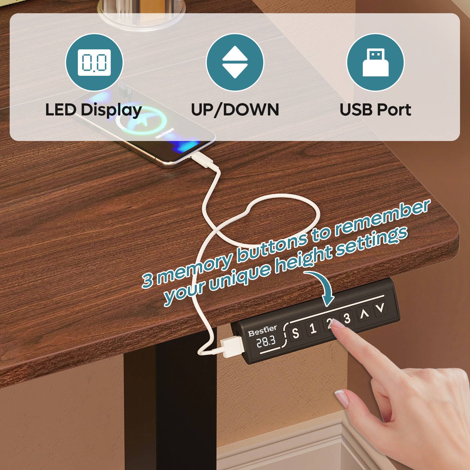 The text on the image can be grouped and corrected as follows:

1. LED Display UP/DOWN - T USB Port to remember buttons height settings 3 memory unique your ^ V S123AV 2 3 Bestier S 1 28.3

This text describes the LED display and USB port features of a device, along with the memory settings and unique button height. The text also includes the name "Bestier S" and the model number "S123AV."