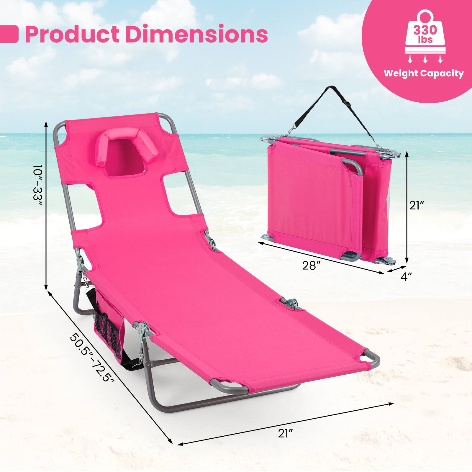 Product Dimensions  
330 lbs Weight Capacity  
10"-33"  
21"  
28"  
4"  
50.5"-72.5"  
21"