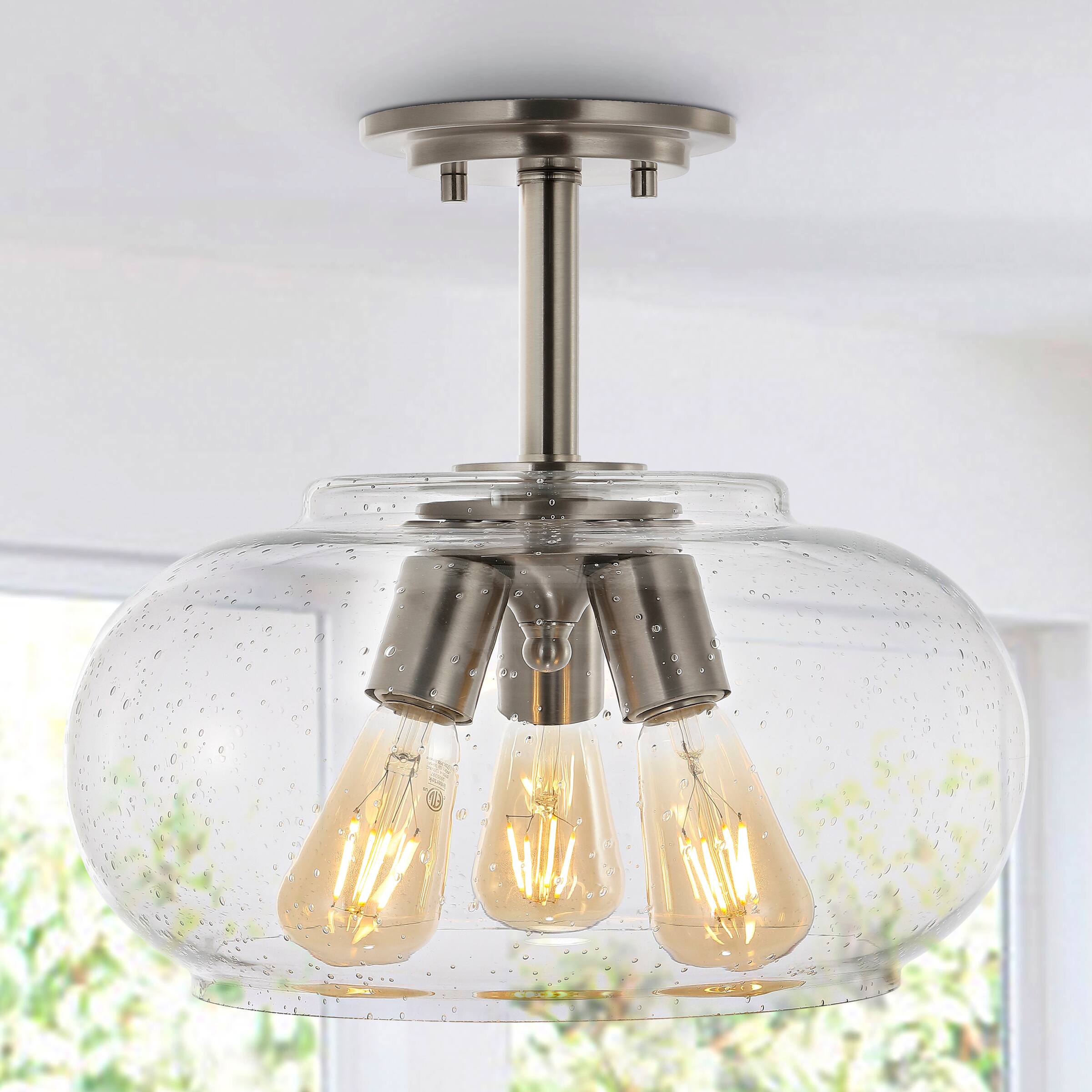 Alt View 1. Jonathan Y - Lina 13.75" 3-Light Modern Industrial Iron/Seeded Glass LED Semi Flush Mount, Nickel/Clear - Nickel.