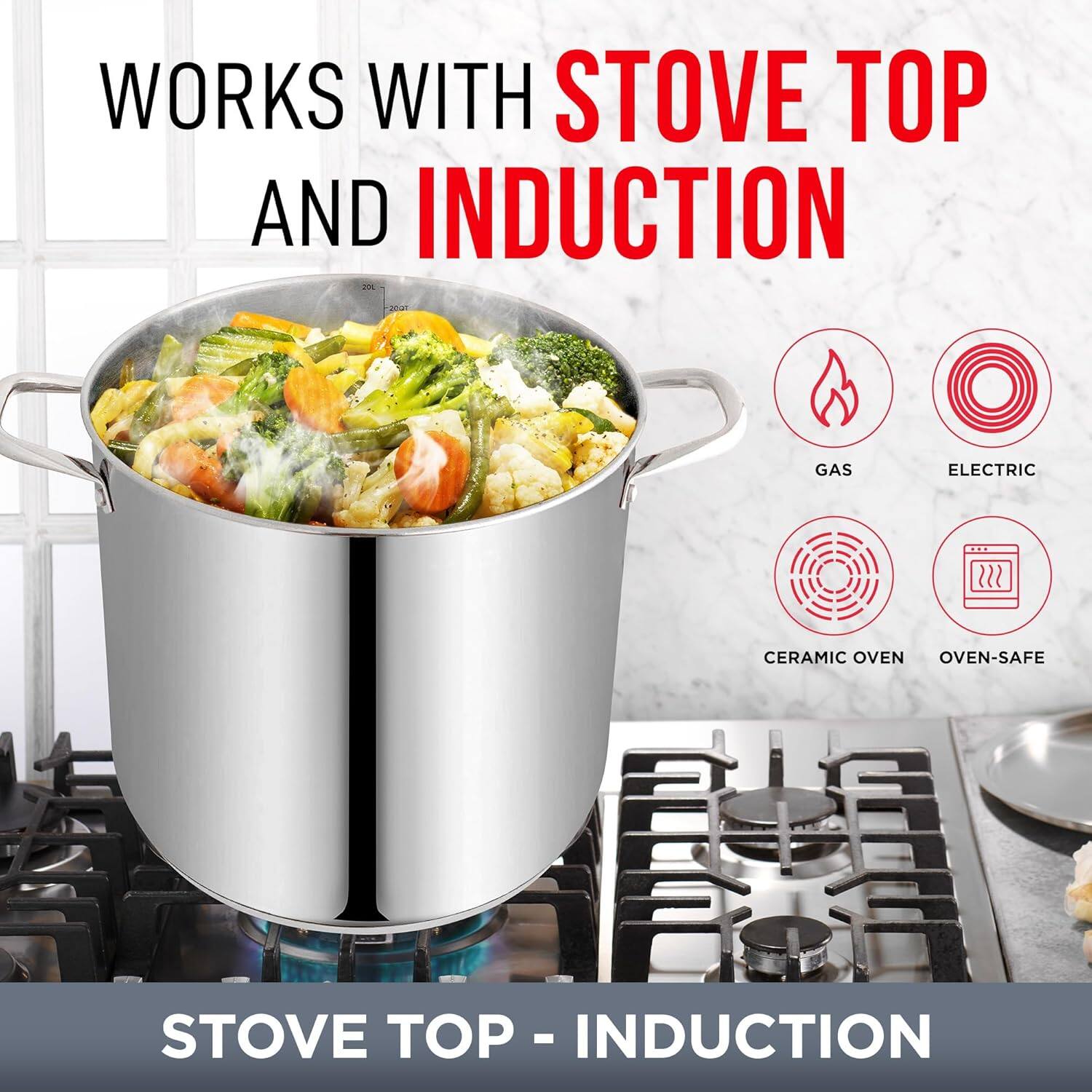 WORKS WITH STOVE TOP AND INDUCTION

GAS  
ELECTRIC  
CERAMIC OVEN  
OVEN-SAFE  

STOVE TOP - INDUCTION