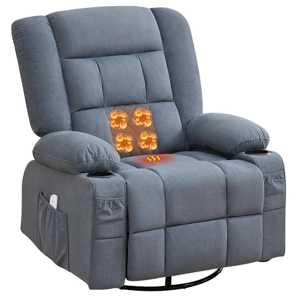 Back. Kadyn - Oversized Swivel Recliner Chair with Massage & Heat, 350lb Capacity, 8 Vibration Modes, USB Port, Blue - Blue.