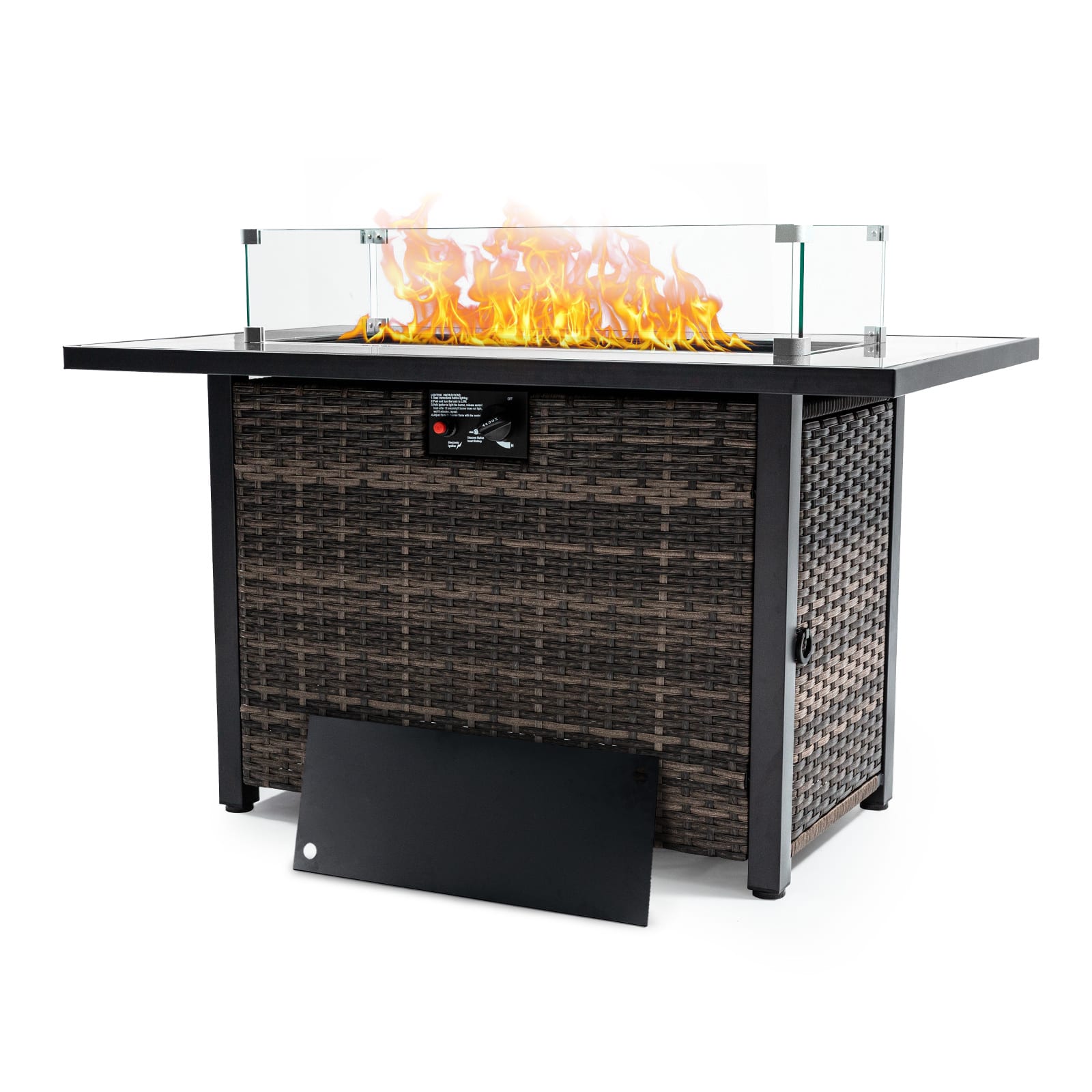 Spaco - 44 Inch Outdoor Propane Fire Pit Table, 50,000 BTU with Lid, Glass Wind Guard, Wicker Base for Patio - Black+Brown