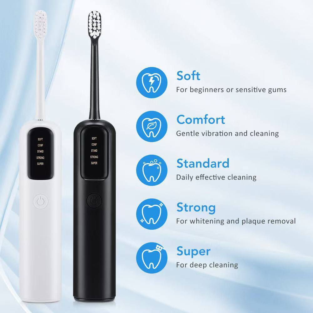 Soft  
For beginners or sensitive gums

Comfort  
Gentle vibration and cleaning

Standard  
Daily effective cleaning

Strong  
For whitening and plaque removal

Super  
For deep cleaning
