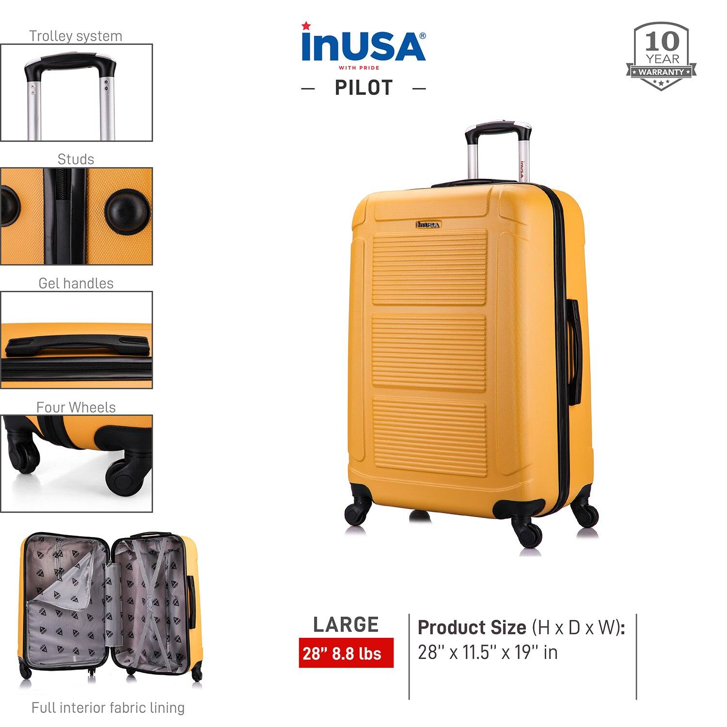 - Trolley system
- Studs
- Gel handles
- Four Wheels
- Full interior fabric lining

LARGE  
28" 8.8 lbs

Product Size (H x D x W):  
28" x 11.5" x 19" in

InUSA  
PILOT  
10 YEAR WARRANTY