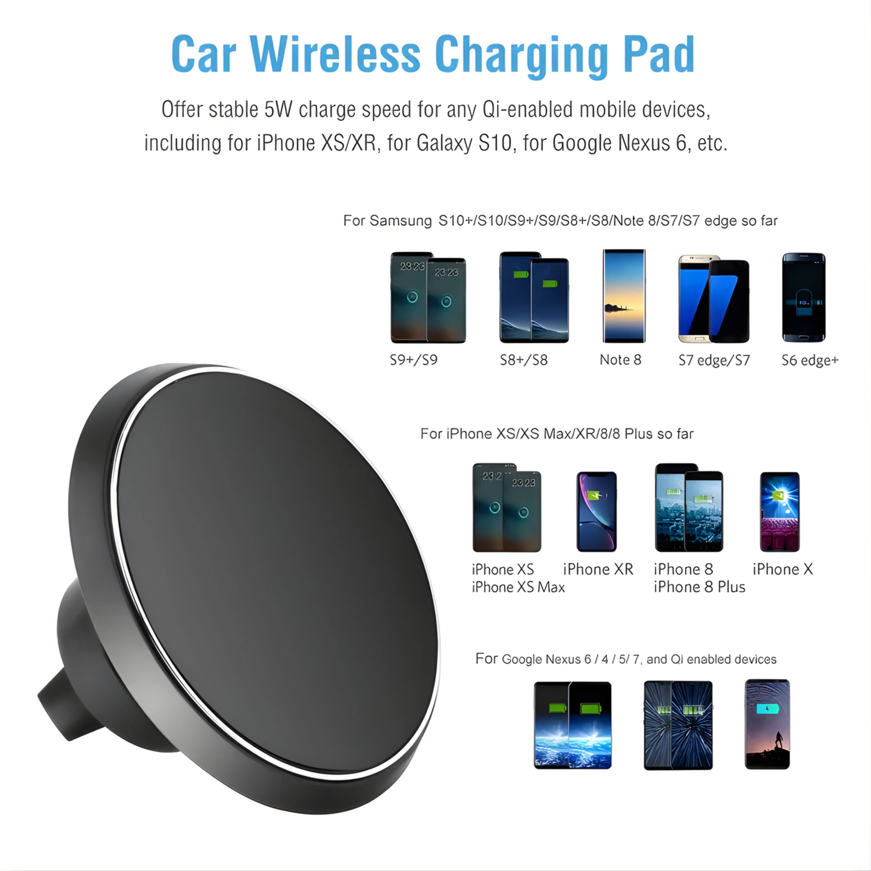 Car Wireless Charging Pad

Offer stable 5W charge speed for any Qi-enabled mobile devices, including for iPhone XS/XR, for Galaxy S10, for Google Nexus 6, etc.

For Samsung S10+/S10/S9+/S9/S8+/S8/Note 8/S7/S7 edge so far
- S9+/S9
- S8+/S8
- Note 8
- S7 edge/$7
- S6 edge+

For iPhone XS/XS Max/XR/8/8 Plus so far
- iPhone XS
- iPhone XR
- iPhone XS Max
- iPhone 8
- iPhone X
- iPhone 8 Plus

For Google Nexus 6 4 / 5/ 7 and Qi enabled devices