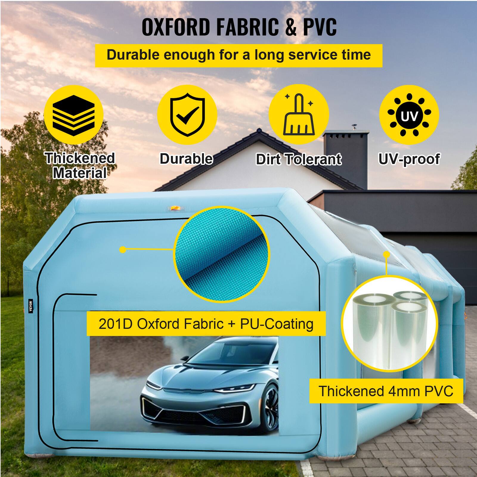 OXFORD FABRIC & PVC

Durable enough for a long service time

- Thickened Material
- Durable
- Dirt Tolerant
- UV-proof

201D Oxford Fabric + PU-Coating

Thickened 4mm PVC
