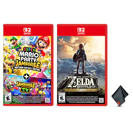**Super Mario Party Jamboree Nintendo Switch 2 Edition + Jamboree TV**
- Includes the Nintendo Switch game and the Nintendo Switch 2 Edition upgrade pack.
- The upgrade pack is available separately. For details, visit support.nintendo.com or www.nintendo.com/switch2upgrade.
- ESRB: E for Everyone 10+.
**The Legend of Zelda: Breath of the Wild Nintendo Switch 2 Edition**
- Includes the Nintendo Switch game and the Nintendo Switch 2 Edition upgrade pack.
- The upgrade pack is available separately. For details, visit support.nintendo.com or www.nintendo.com/switch2upgrade.
- ESRB: E for Everyone 10+. - E10+ (Everyone 10+)