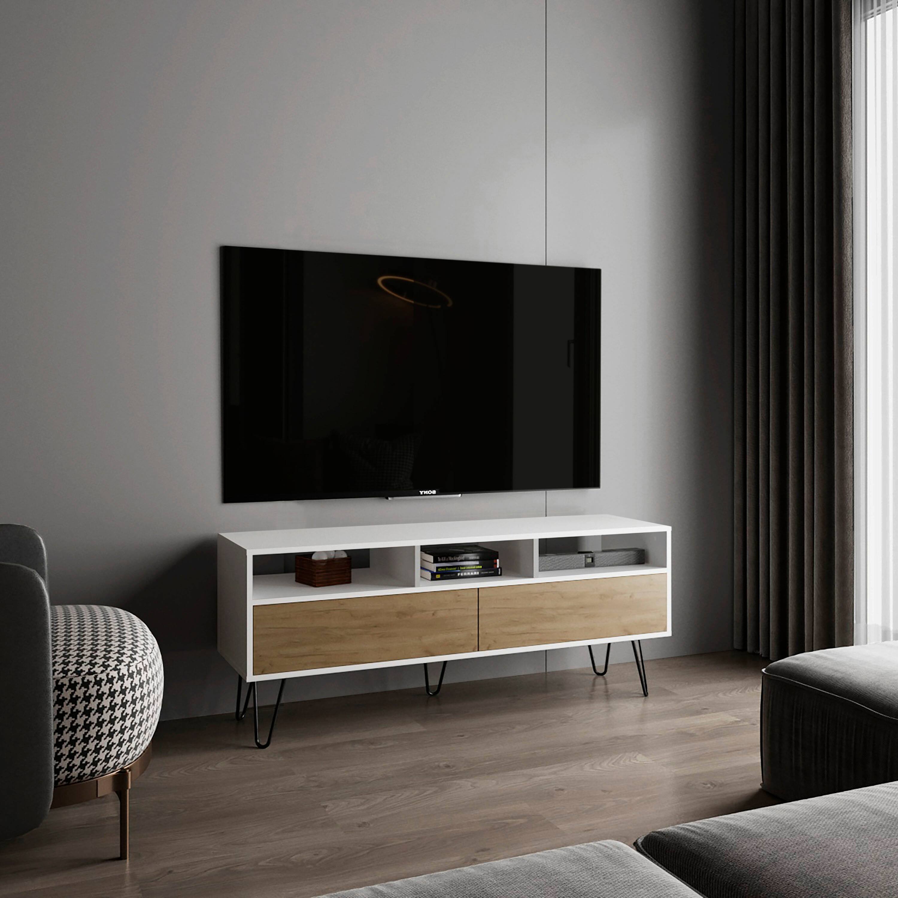 Angle. Spaco - Spaco Modern TV Stand, Entertainment Center Media Console for 65 Inch TVs, 2 Door Cabinet, 3 Open Shelves, 5 Metal Legs - White.