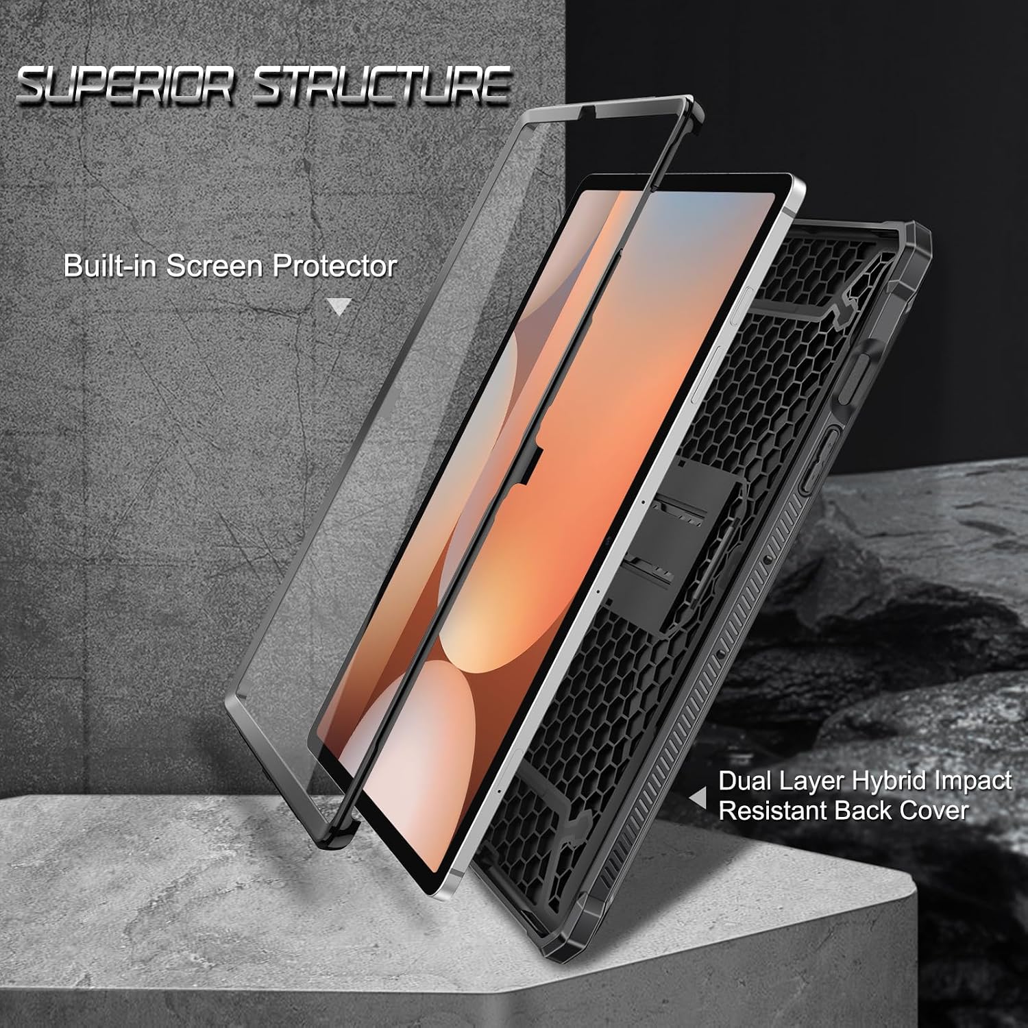 SUPERIOR STRUCTURE  
Built-in Screen Protector  
Dual Layer Hybrid Impact Resistant Back Cover