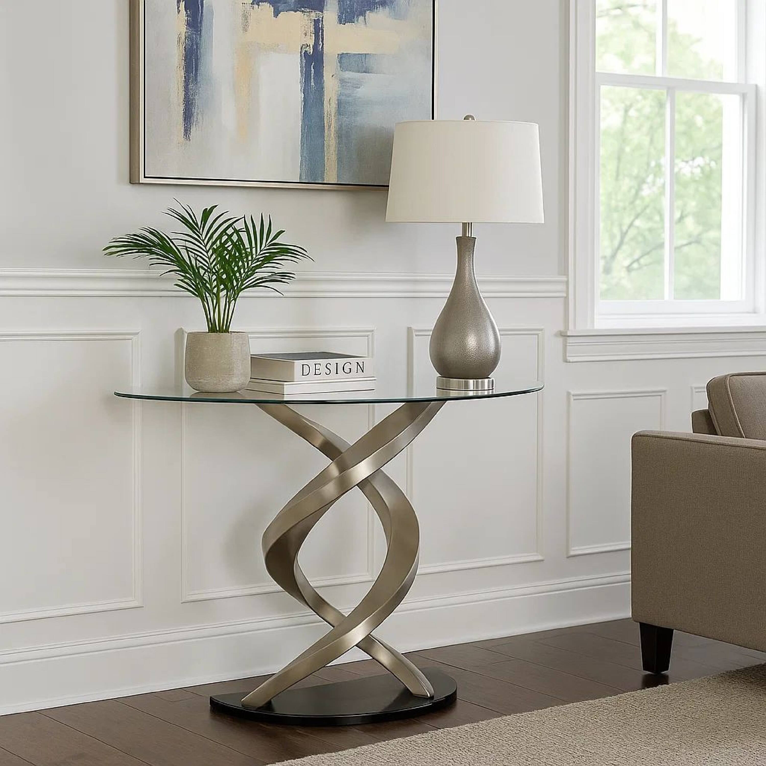 Alt View 5. Manhattan Lane - Sofa Table with Twisted Metal Base and Semi Circular Glass Top - Silver and Black.