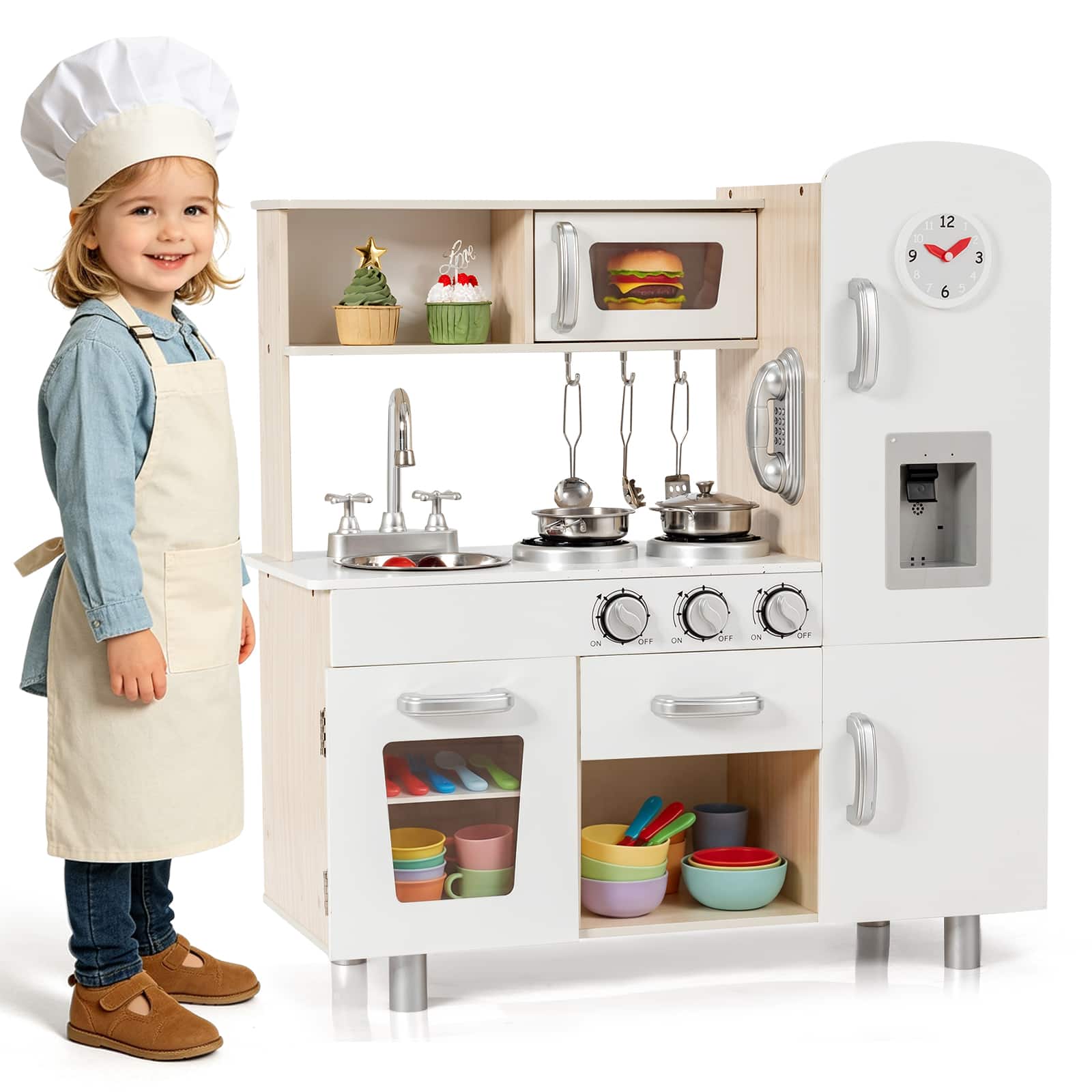 Costway - Vintage Play Kitchen Pretend Kids Cooking Playset Toys w/Water Dispense - Multicolor