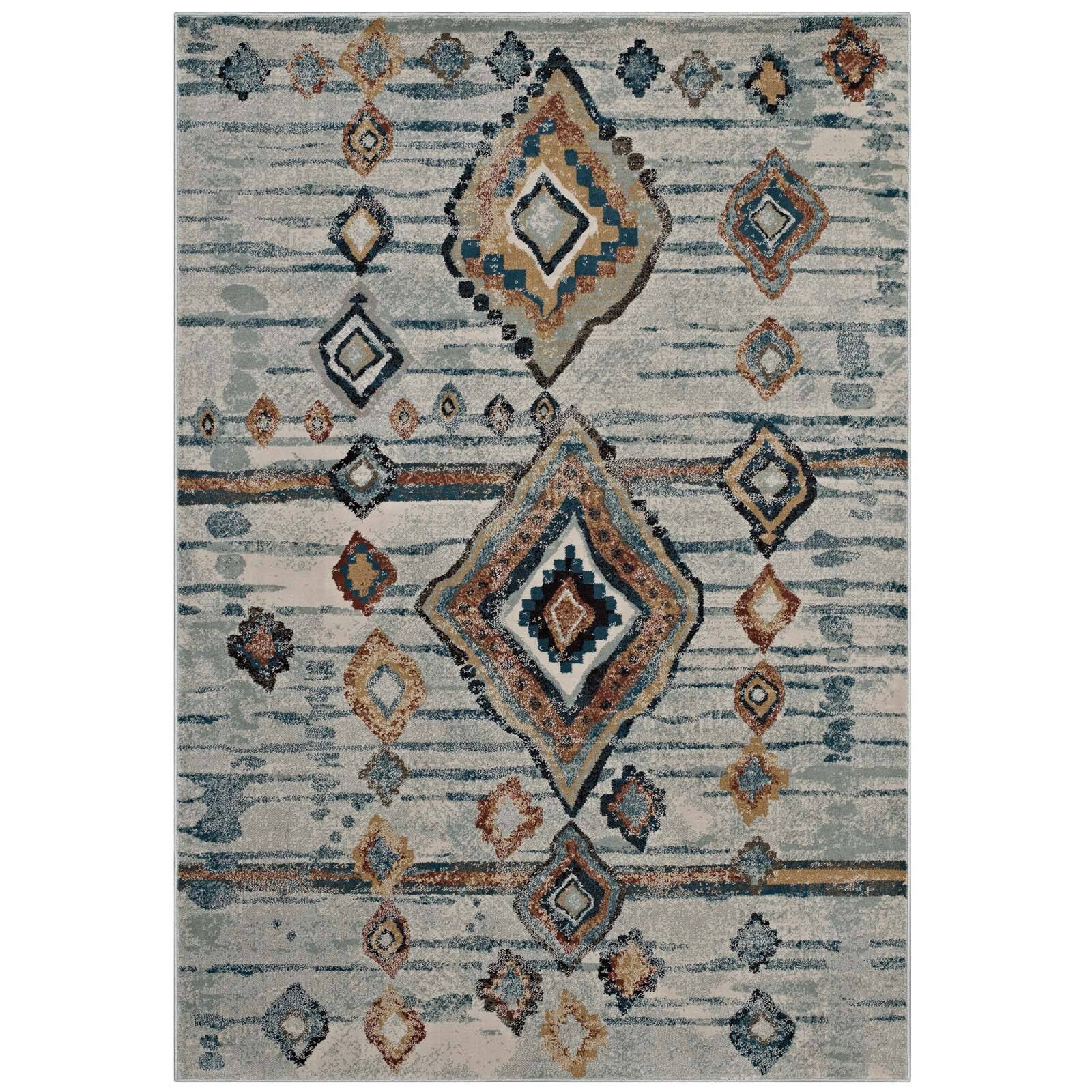 Angle. Modway - Jenica Distressed Moroccan Tribal Abstract Diamond Area Rug - Silver Blue Beige and Brown.