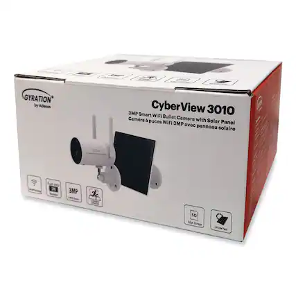 GYRATION by Adesso
CyberView 3010
3MP Smart WiFi Bullet Camera with Solar Panel
Caméra à puce WiFi 3MP avec panneau solaire
- WiFi
- Full HD 2K
- 3MP
- CMOS Sensor
- Motion Detection
- SD Edge Storage
- SW Solar Panel