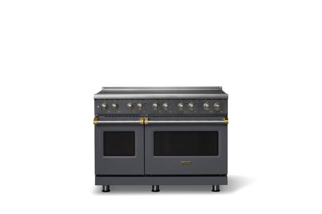 Front. Viking - 48 in. Wide 6 Elements Pro 5 Series 7.3 Cu.Ft. Freestanding 6 Element Induction Convection Range with Brushed Brass Trim - Cast Black.