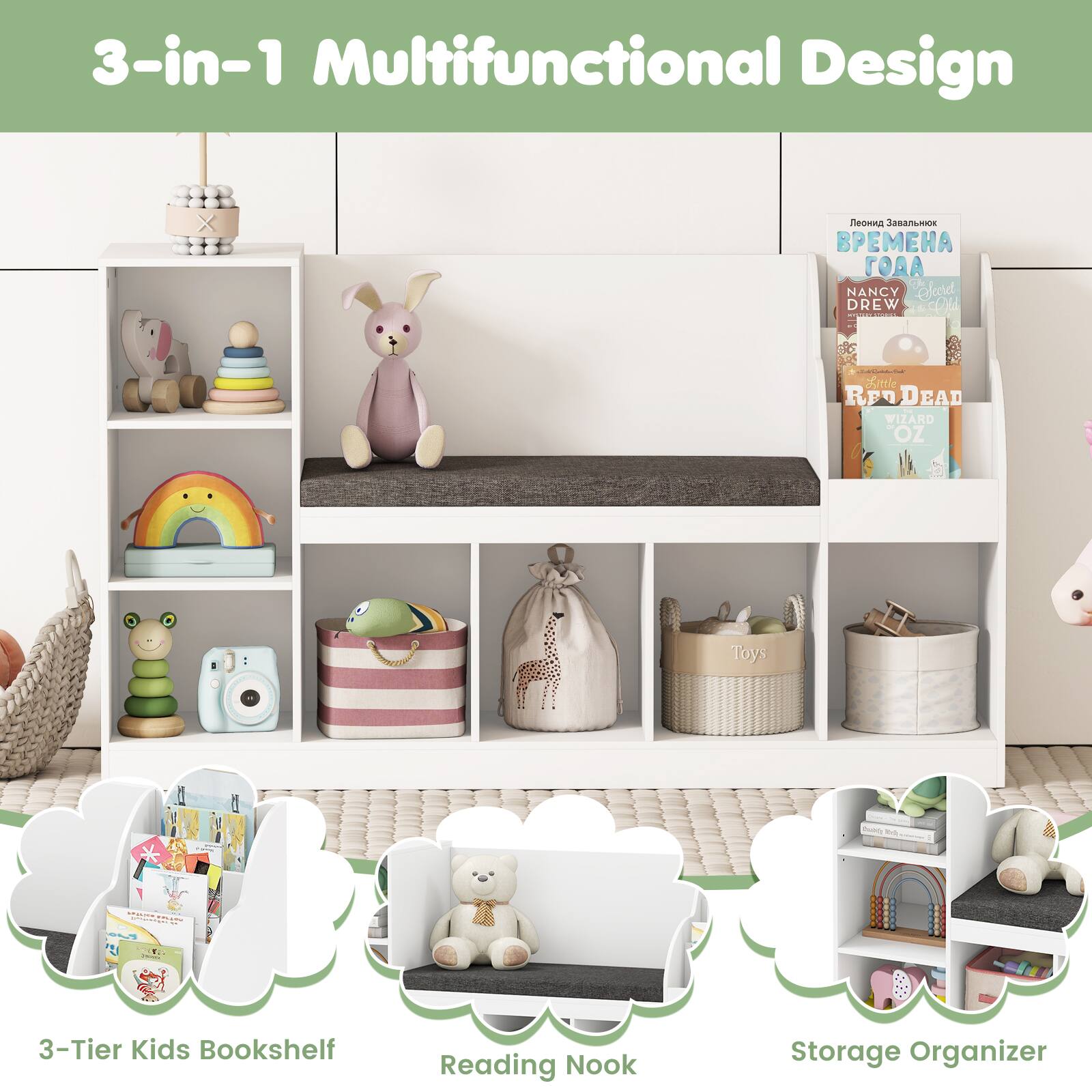 3-in-1 Multifunctional Design

- 3-Tier Kids Bookshelf
- Reading Nook
- Storage Organizer