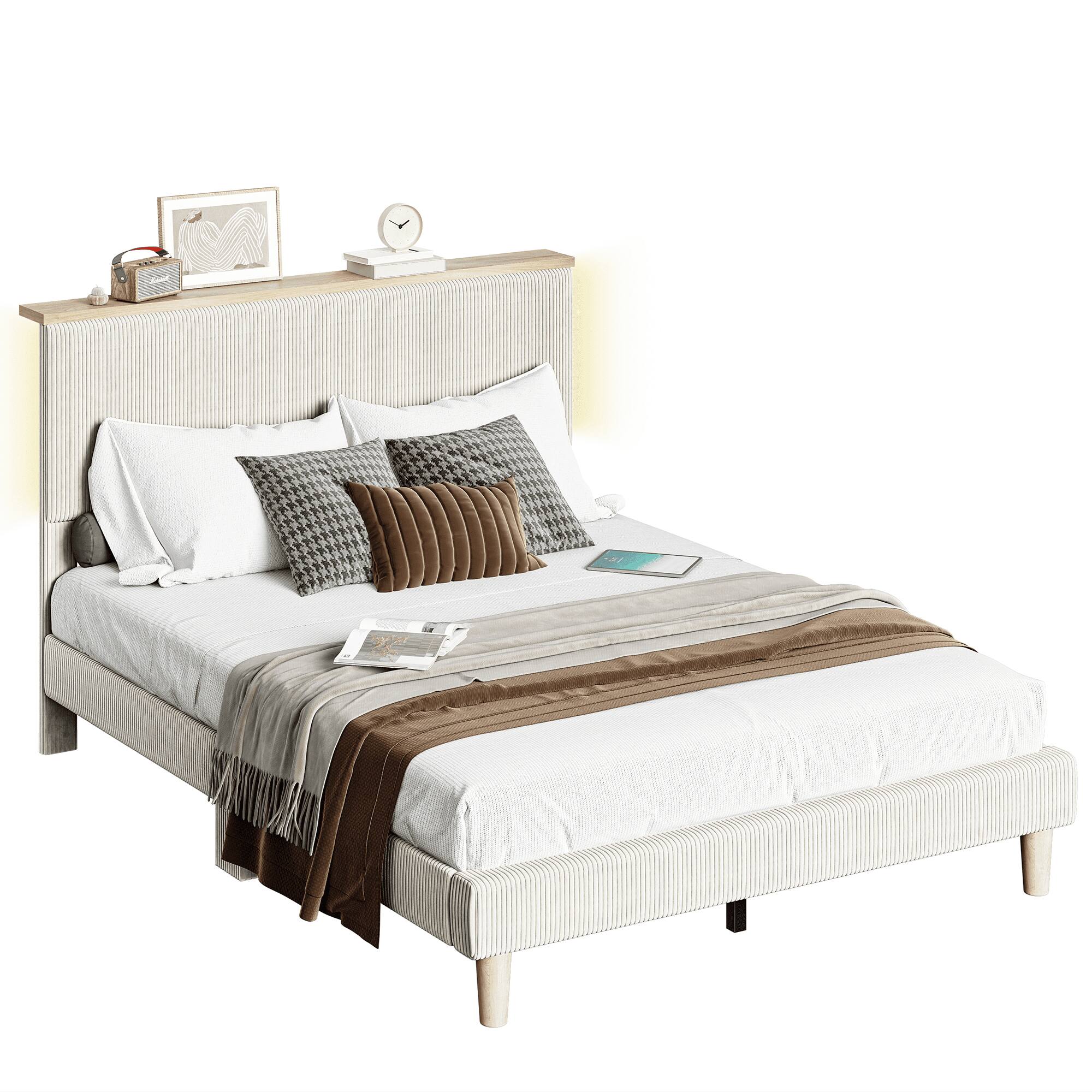 Angle. Bestier - Queen Size Upholstered Platform Bed Frame with LED Lighting and Adjustable Storage Headboard for Bedroom - Beige.