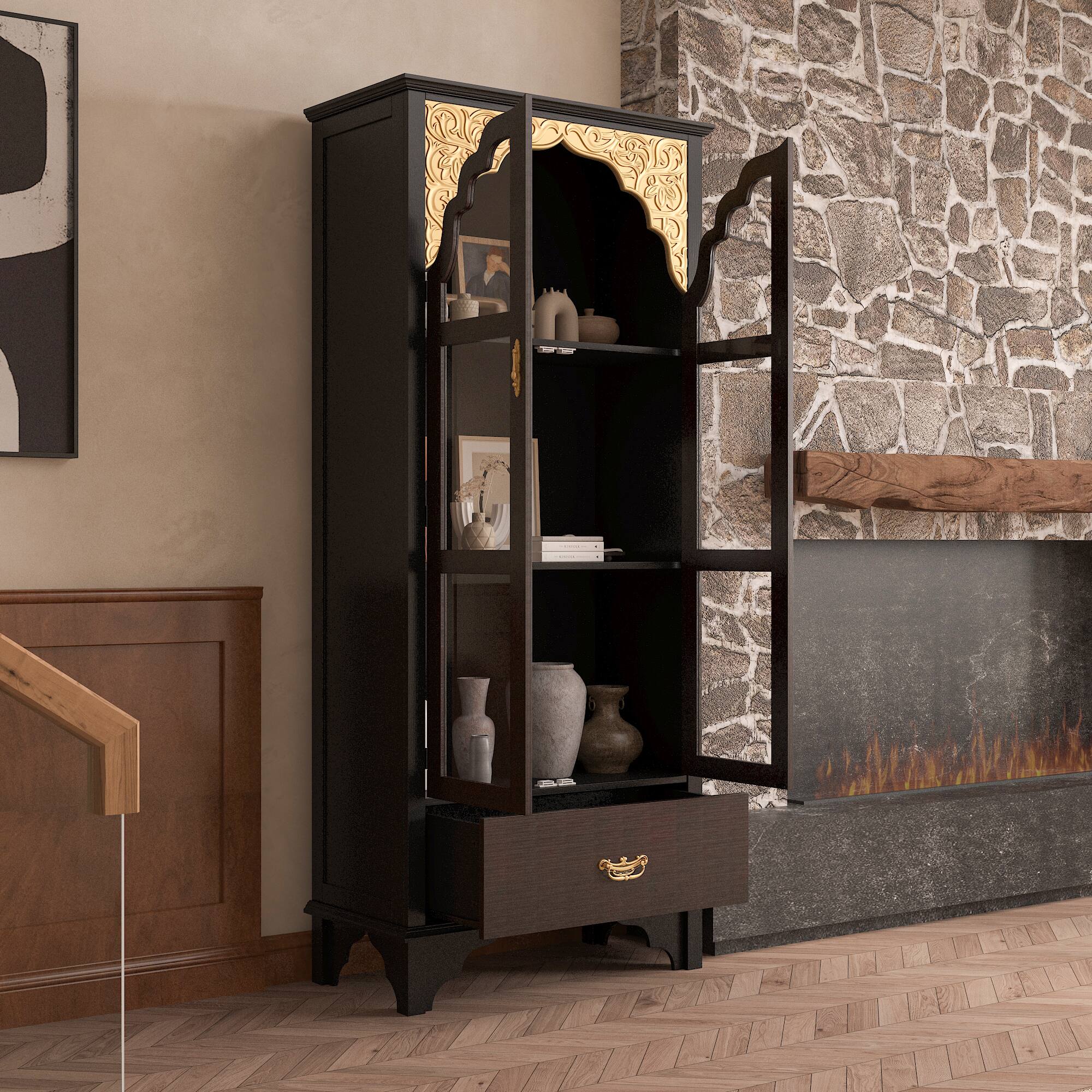 Alt View 4. Famapy - Famapy Classic Display Cabinet with Ornate Gold Accents & Glass Doors - Black & Brown.